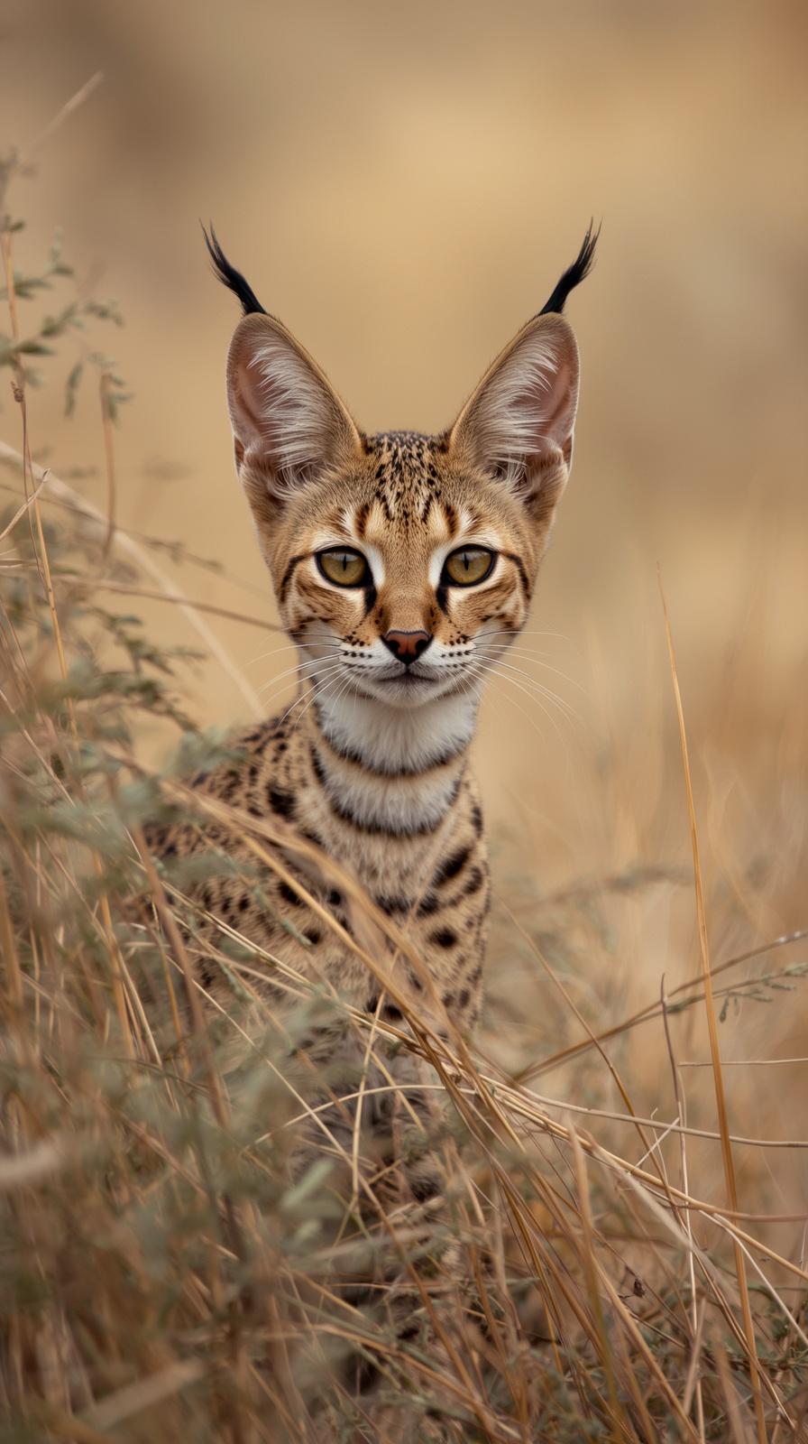 A curious serval kitten with large tufted ears peers from tall grass.