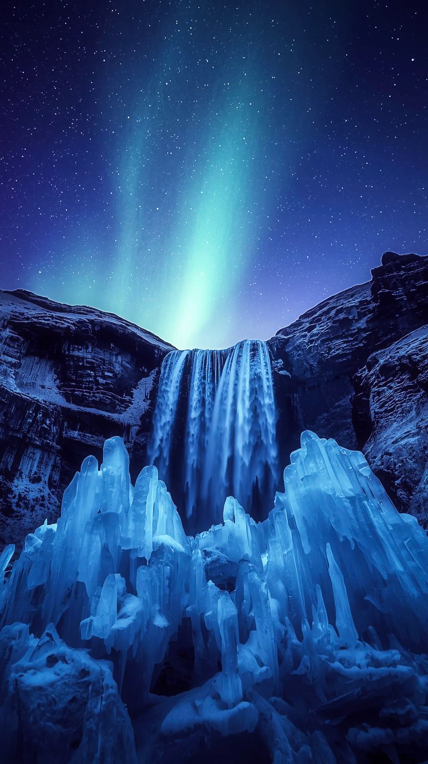 Frozen Waterfall 4K Mobile Wallpaper: Magical Night Scenery