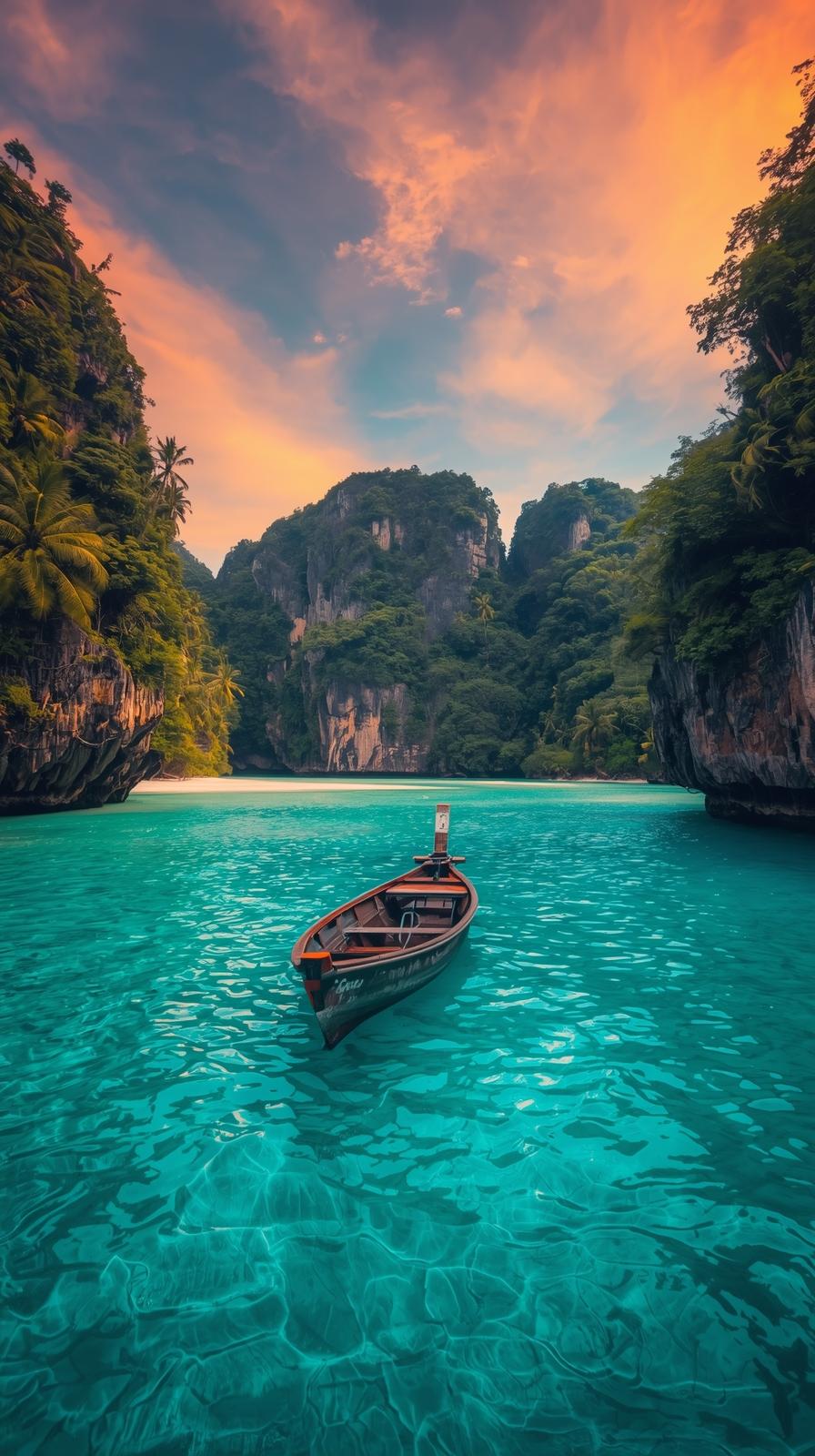 Remote tropical lagoon at sunset, crystal-clear turquoise water
