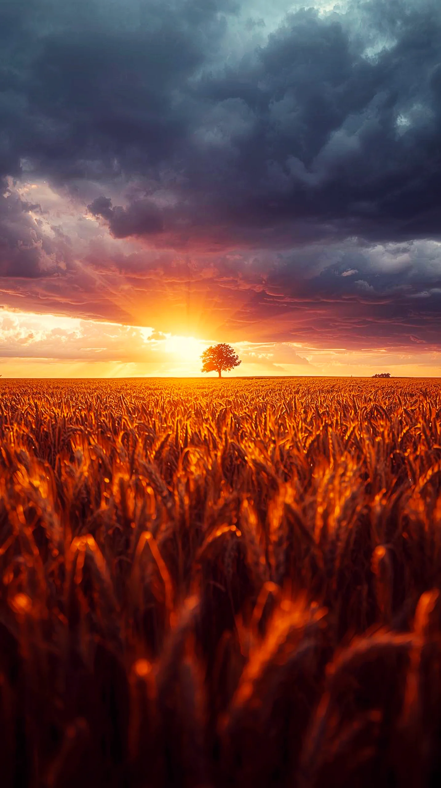 Golden wheat field at sunset with a lone tree, dramatic clouds. iPhone wallpaper 4k, 4k wallpaper for mobile, wallpaper