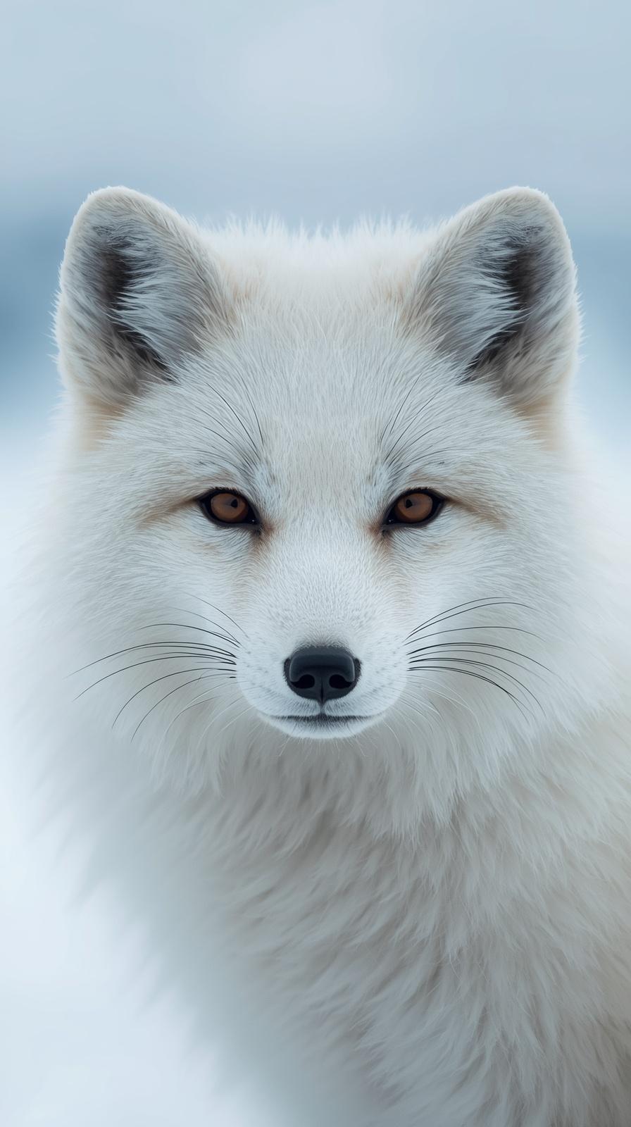 Close up portrait of a majestic white Arctic fox with piercing amber eyes