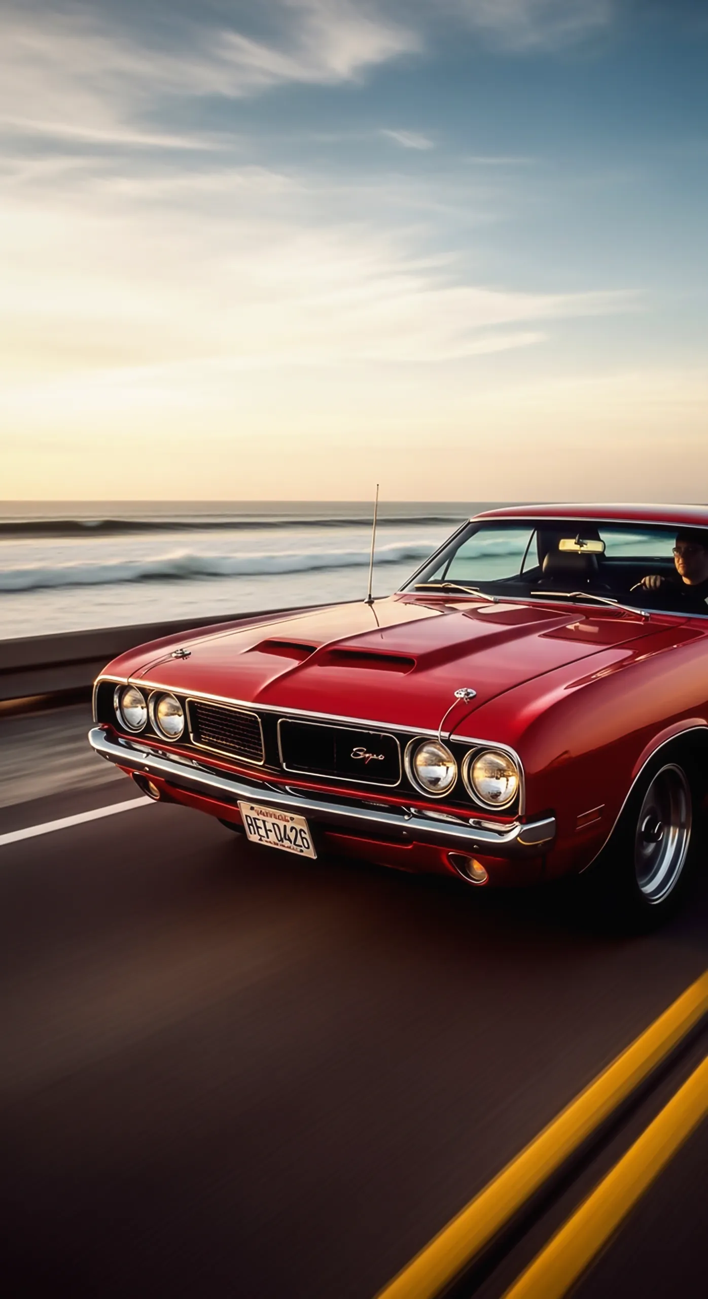 Red classic muscle car on coastal road at sunset. Perfect car iphone wallpaper, car wallpaper 4k for mobile, and car