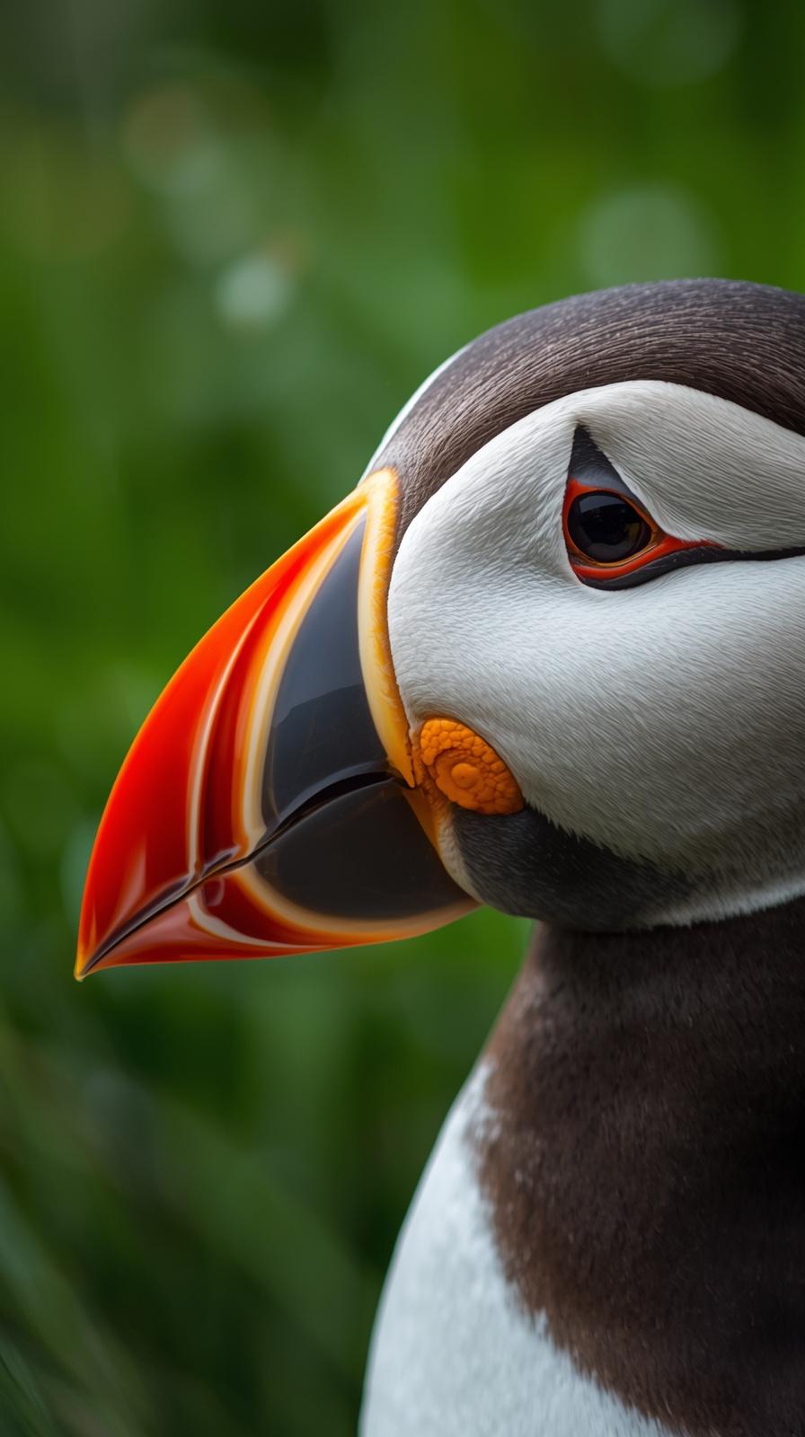 A beautiful close up profile of an Atlantic puffin with vibrant orange beak details.