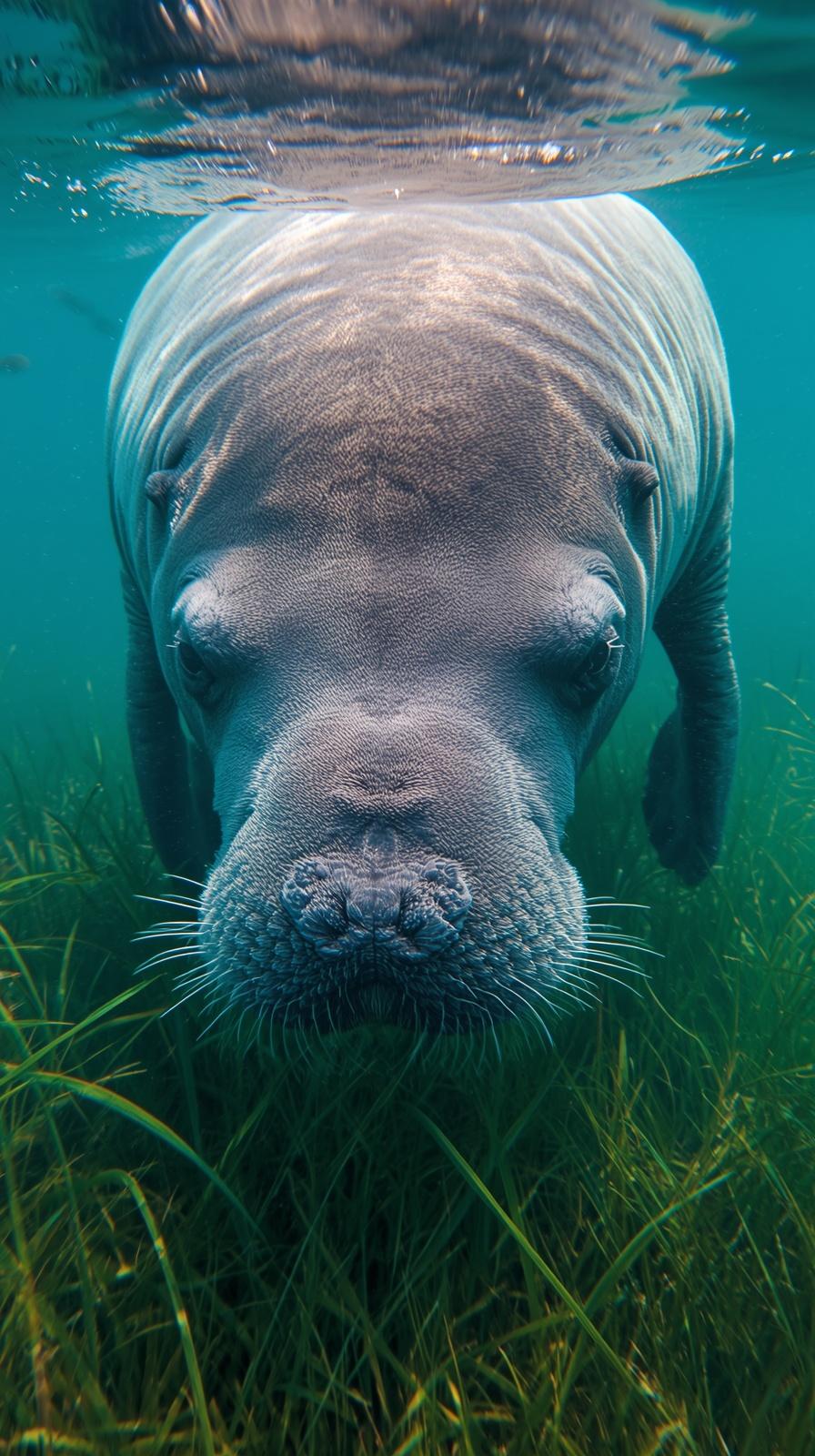 A gentle manatee swims through vibrant green seagrass in clear blue ocean water.