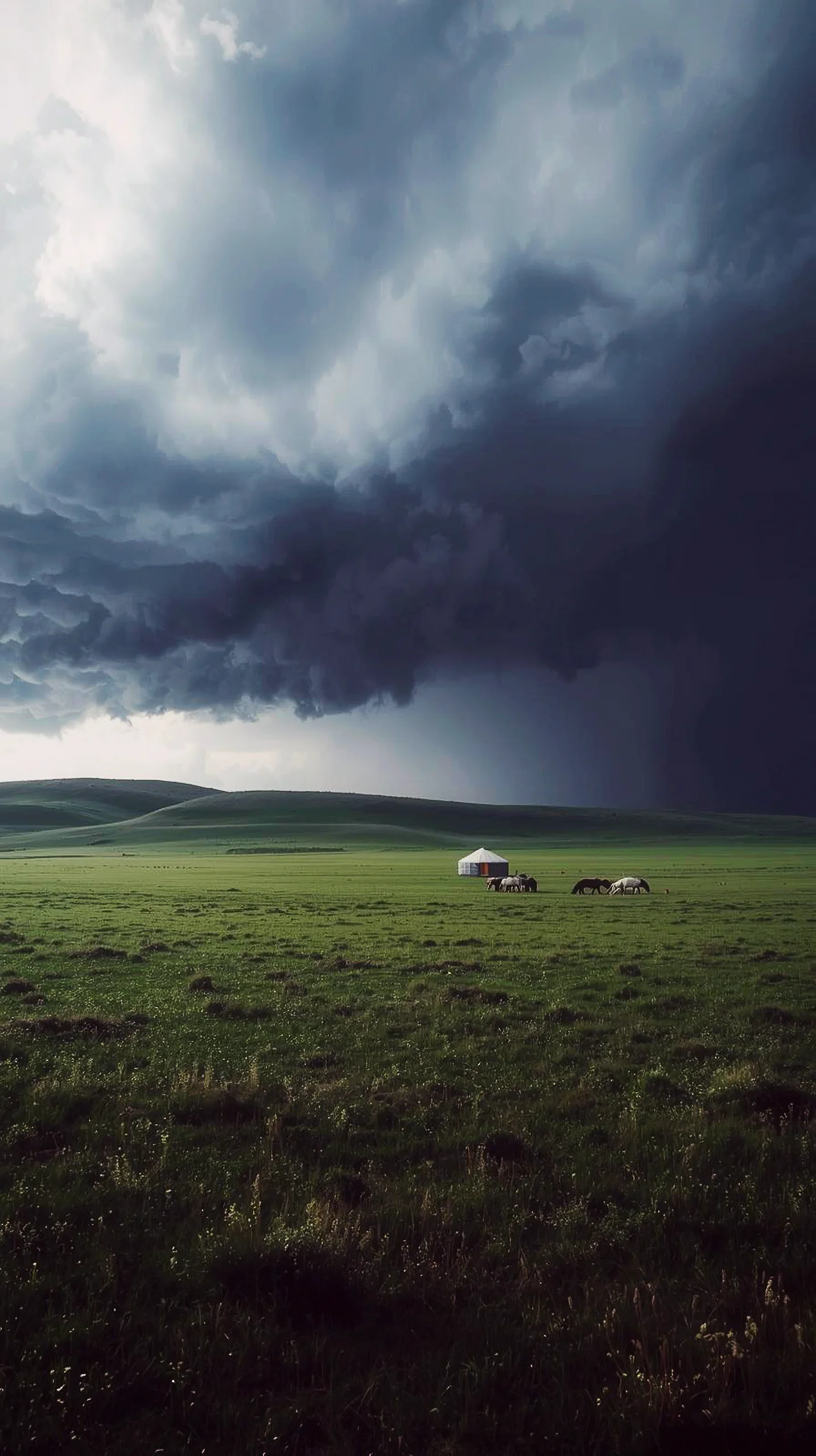 iPhone wallpaper 4k of a stormy sky over green fields with horses and a yurt. 4K wallpaper for mobile, wallpaper for
