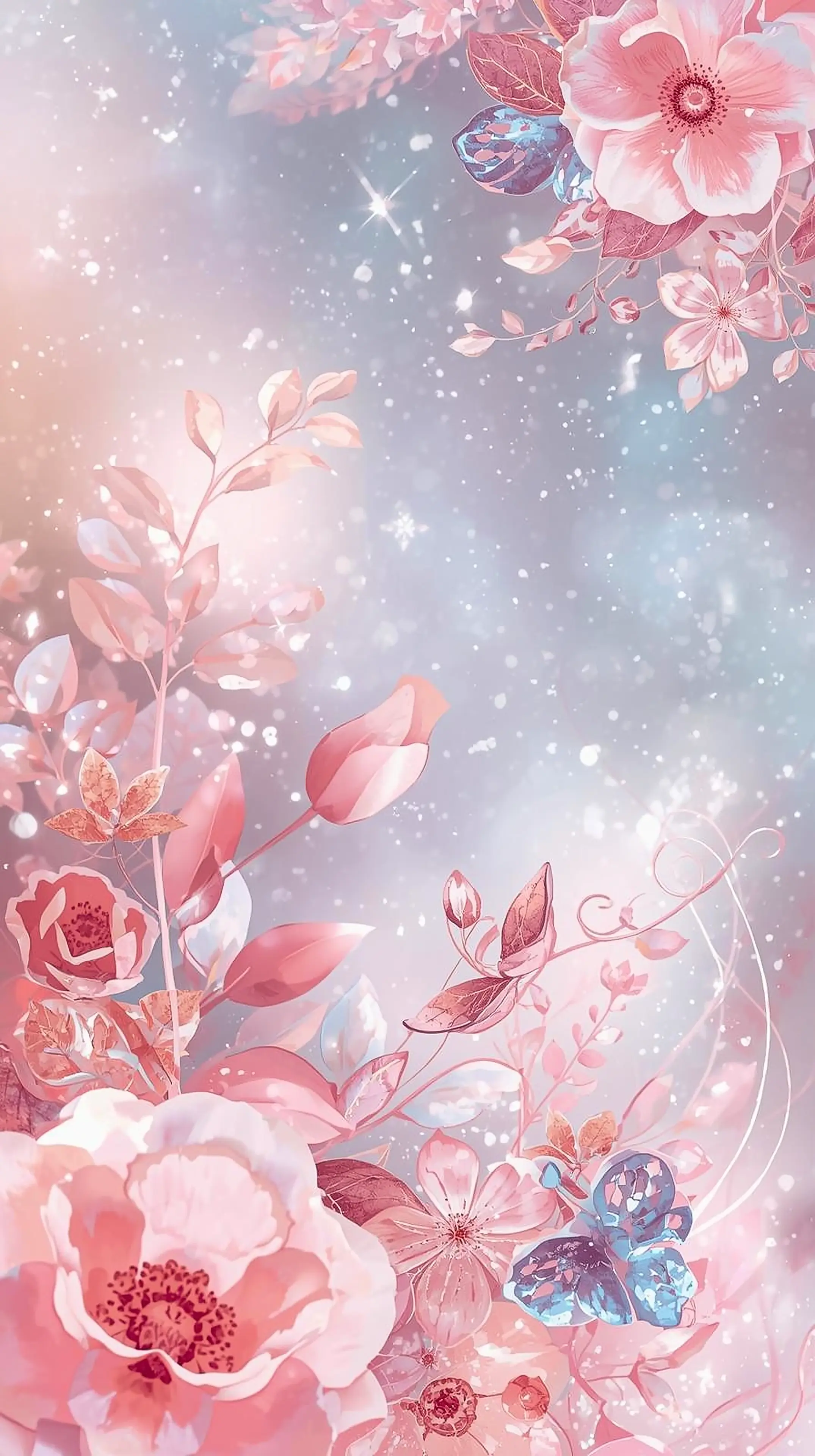 4k wallpaper for mobile Dreamy Pastel Pink Floral Aura, Soft Cherry Blossom Peonies & Butterflies with Sparkling Glow on