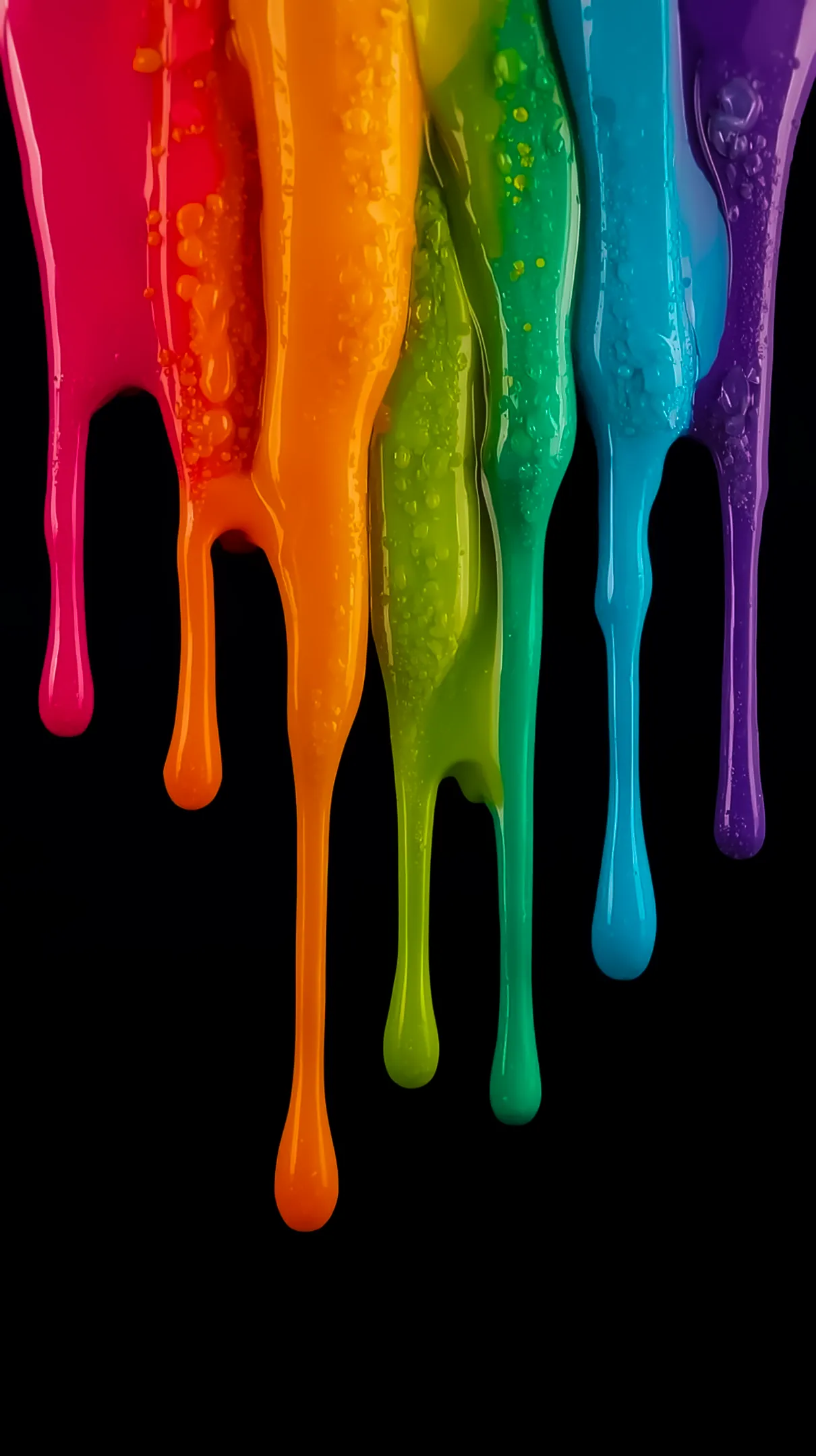 Colorful rainbow paint drips on black background, amoled wallpaper 4k for mobile, iphone wallpaper 4k, 4k background.