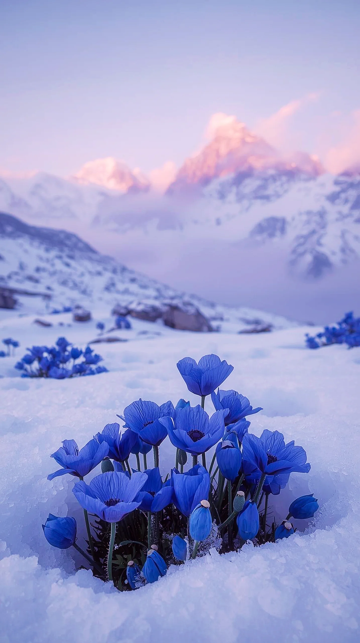 4K iPhone wallpaper of blue poppies in snow with mountains. Cute 4K wallpaper for mobile phone, 4K backgrounds for