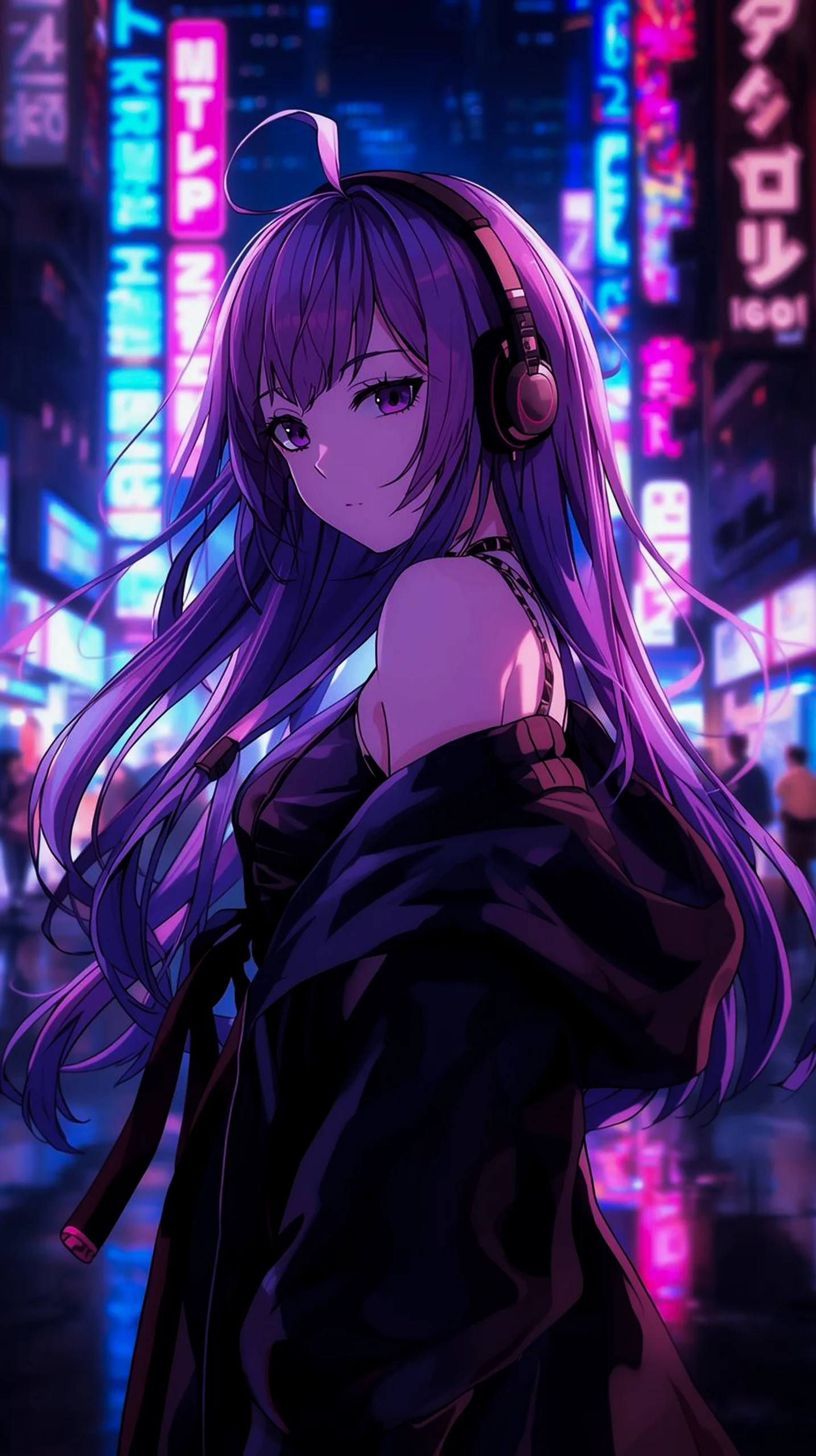 aesthetic purple anime girl wallpaper for iPhone 4K neon city