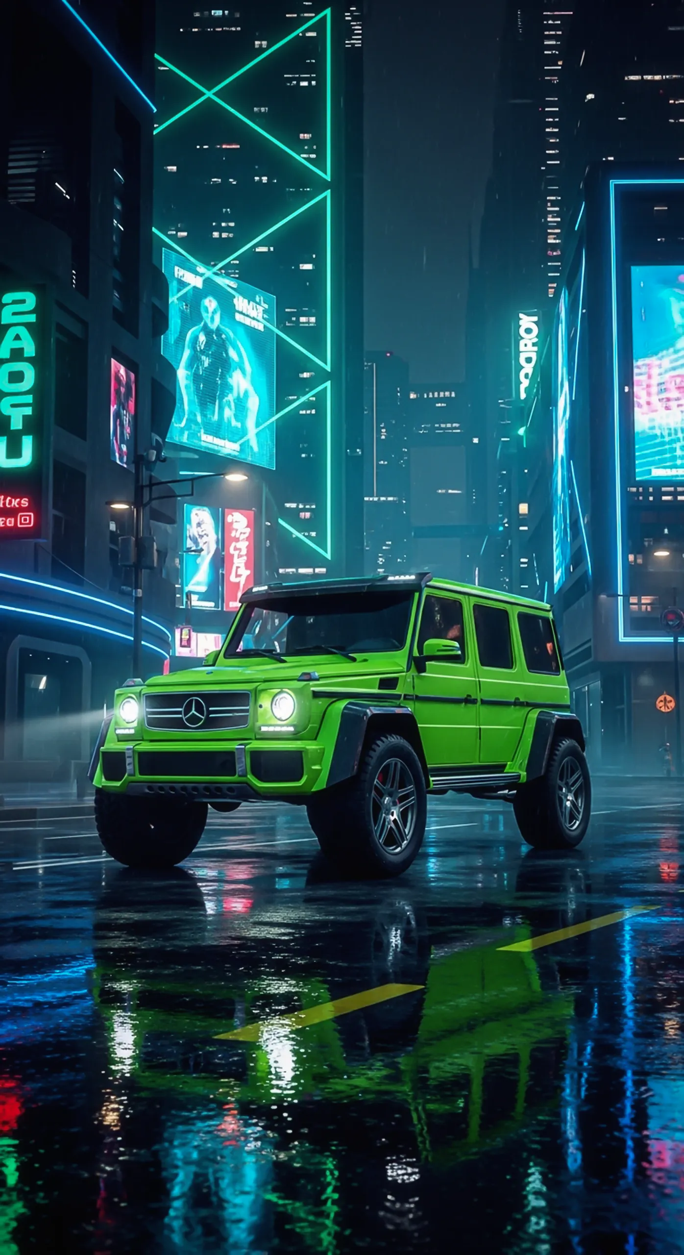 Lime green G-Wagon car iphone wallpaper, car wallpaper 4k for mobile, car wallpaper4k for mobile in a neon city.