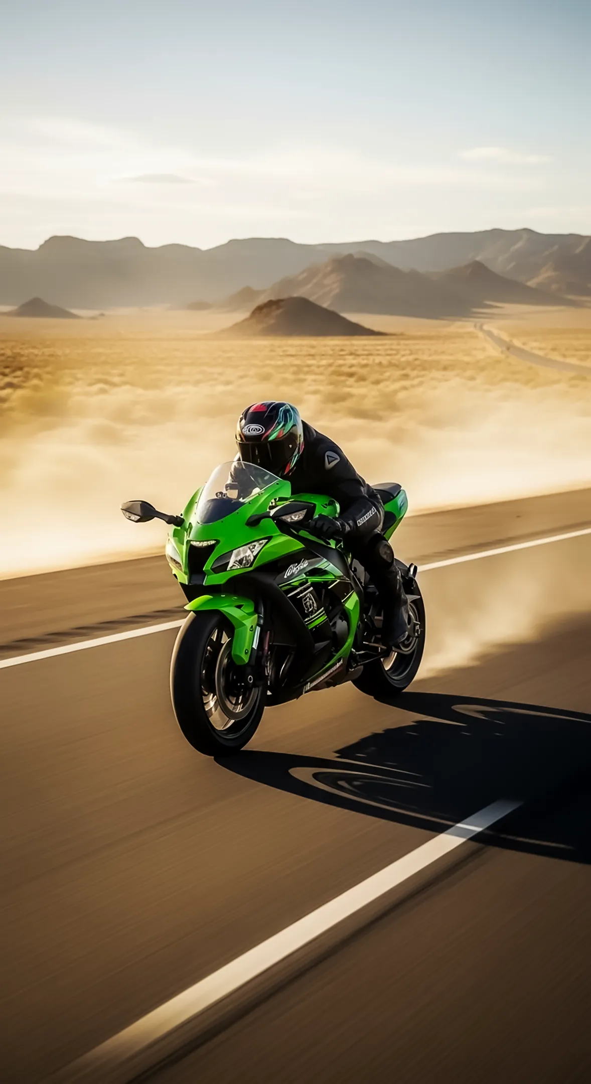 Green sport bike iphone wallpaper 4k in desert, 4k wallpaper for mobile, 4k backgrounds iphone, phone wallpaper.