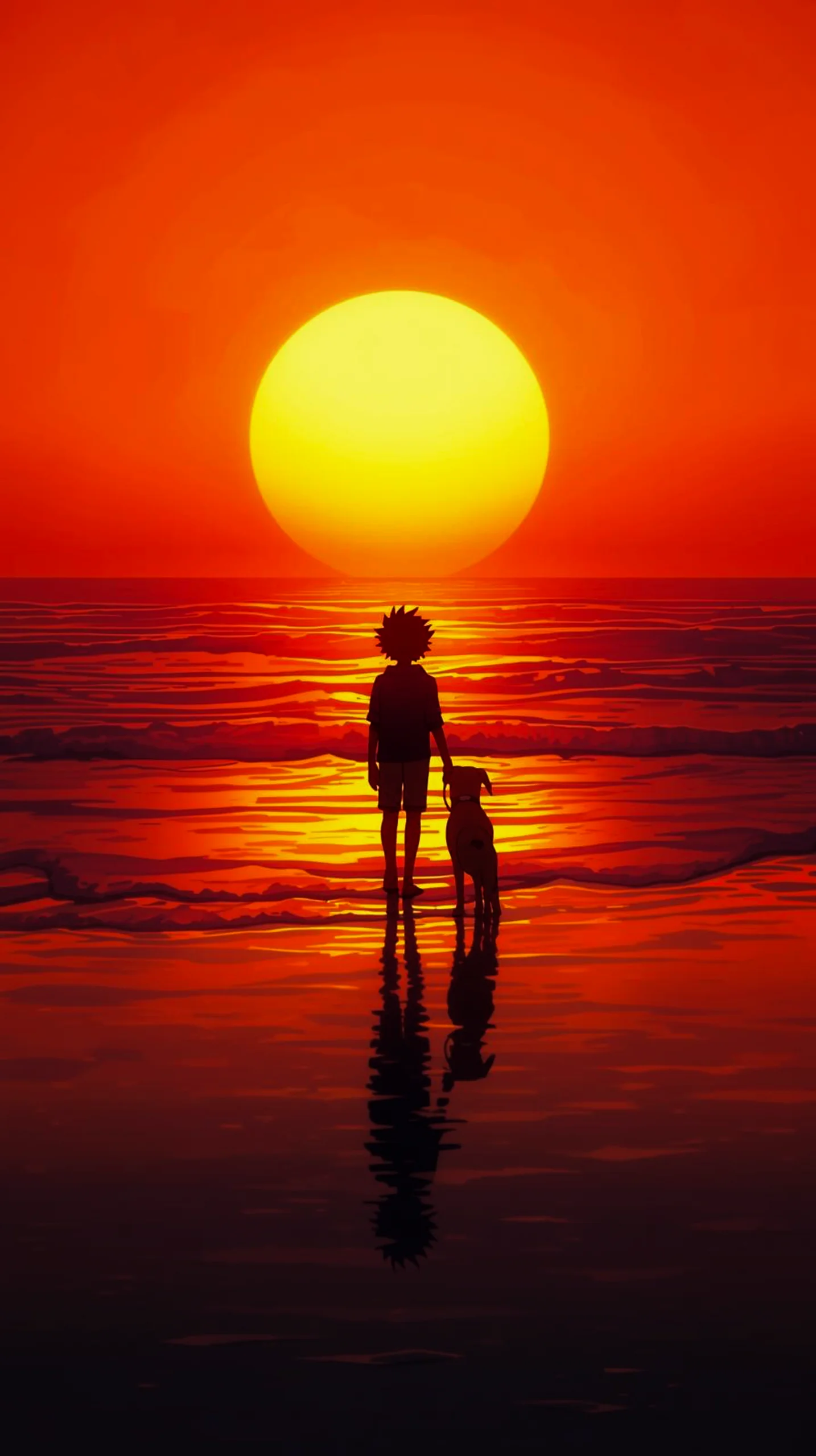 vibrant orange sunset boy and dog beach wallpaper for phone 4K