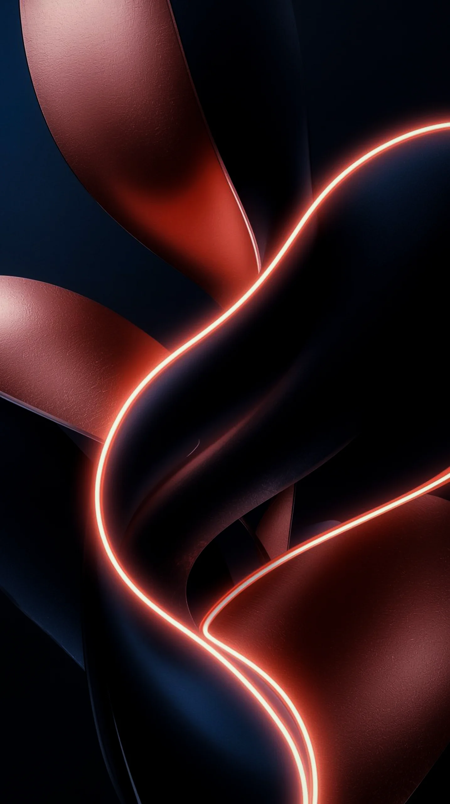 A dark abstract mobile wallpaper with flowing red and blue shapes illuminated by a bright neon orange line.