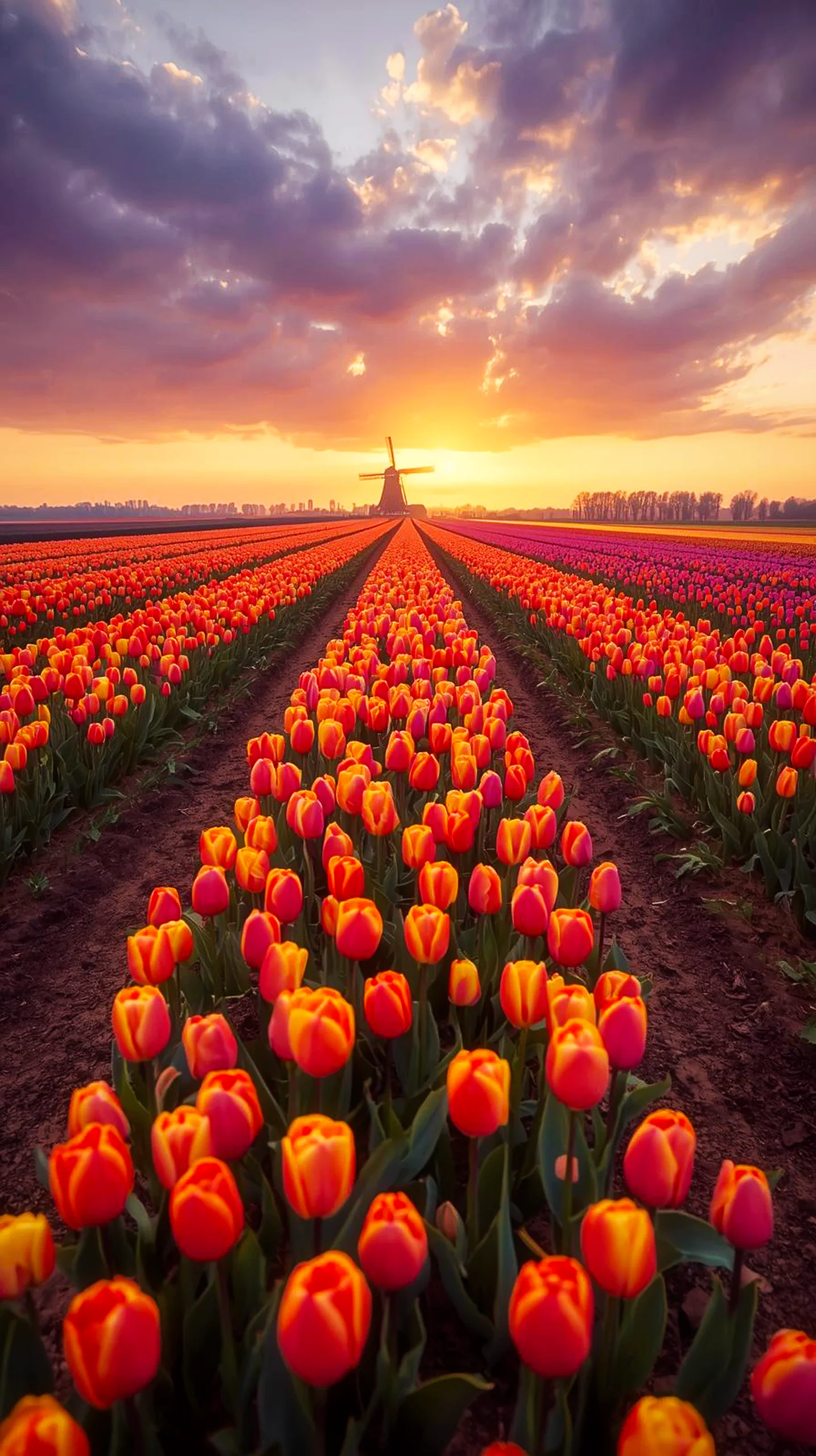 4K wallpaper of a Dutch tulip field with a windmill at sunset, ideal for iPhone wallpaper 4K, 4K wallpaper for mobile,