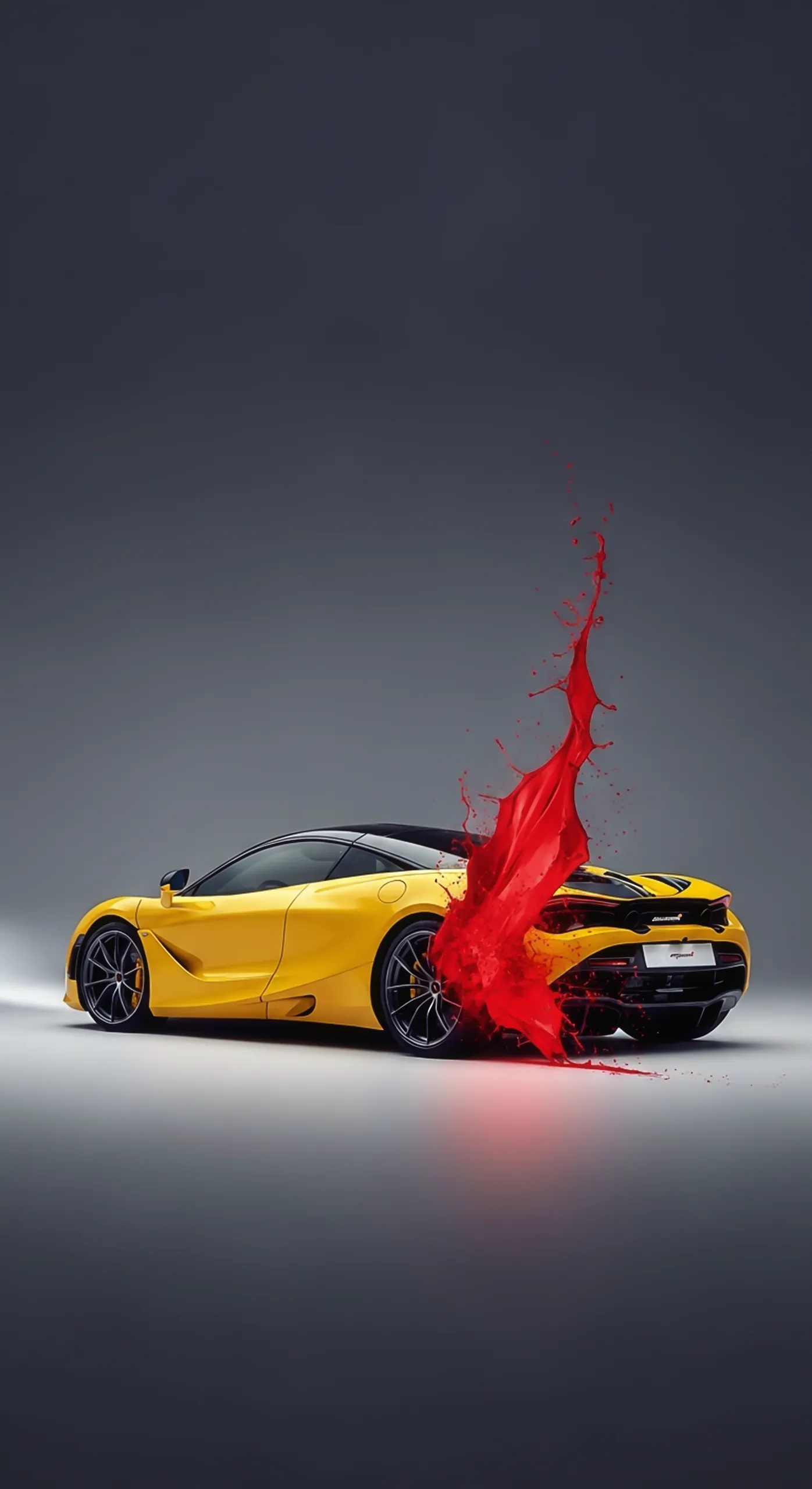 Yellow McLaren 720S car with a red splash, ideal car iPhone wallpaper and car wallpaper 4k for mobile.