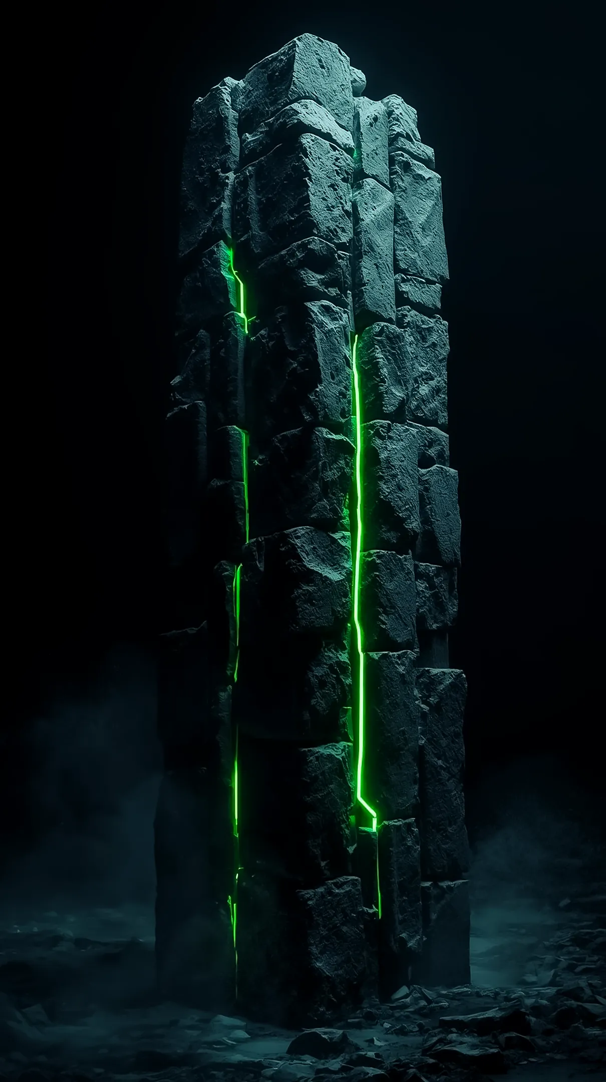 Glowing green stone pillar amoled wallpaper 4k for mobile, iphone wallpaper 4k, 4k wallpaper for phone backgrounds.