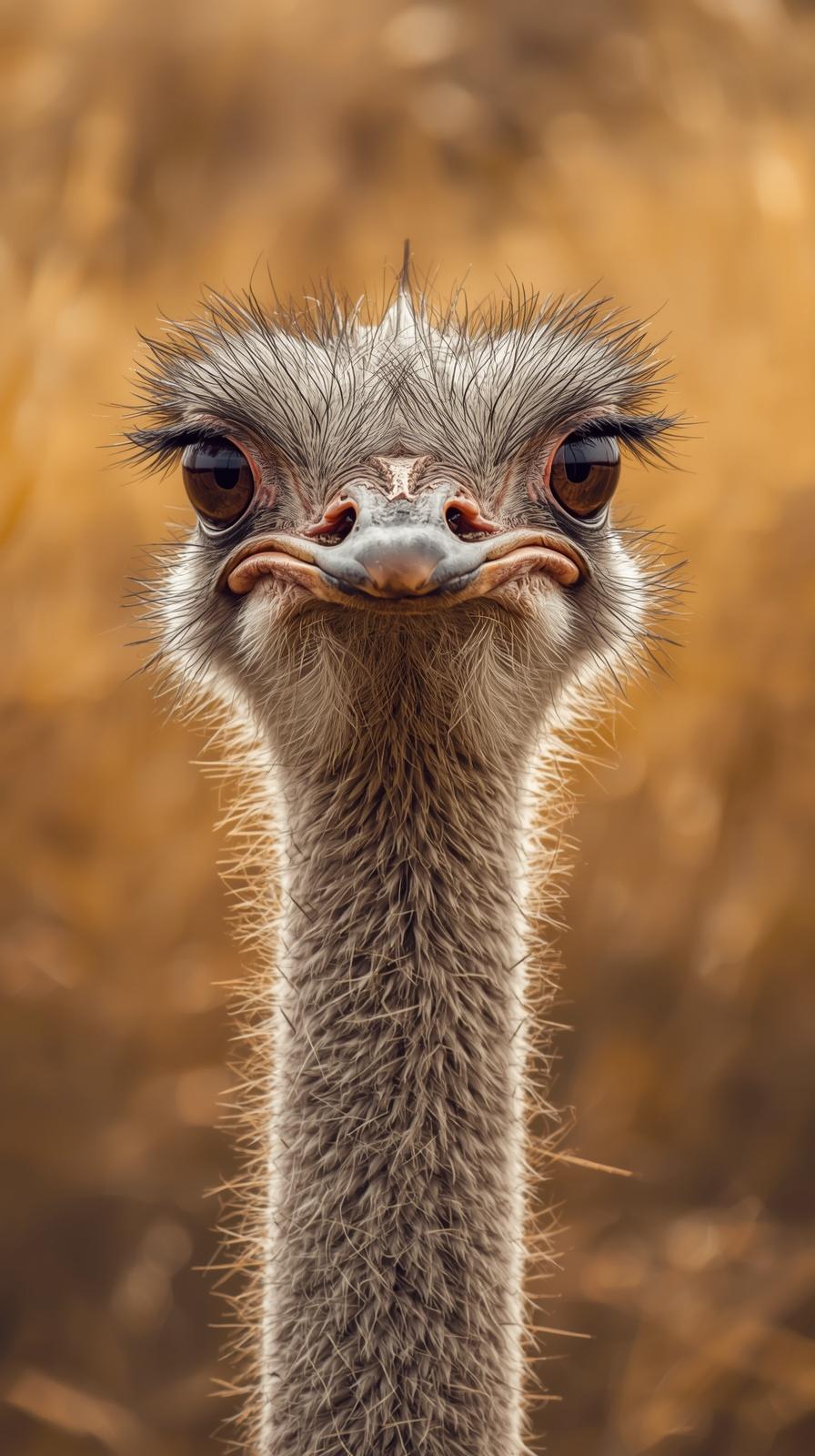 Close-up portrait of a curious ostrich with a warm, blurred background.