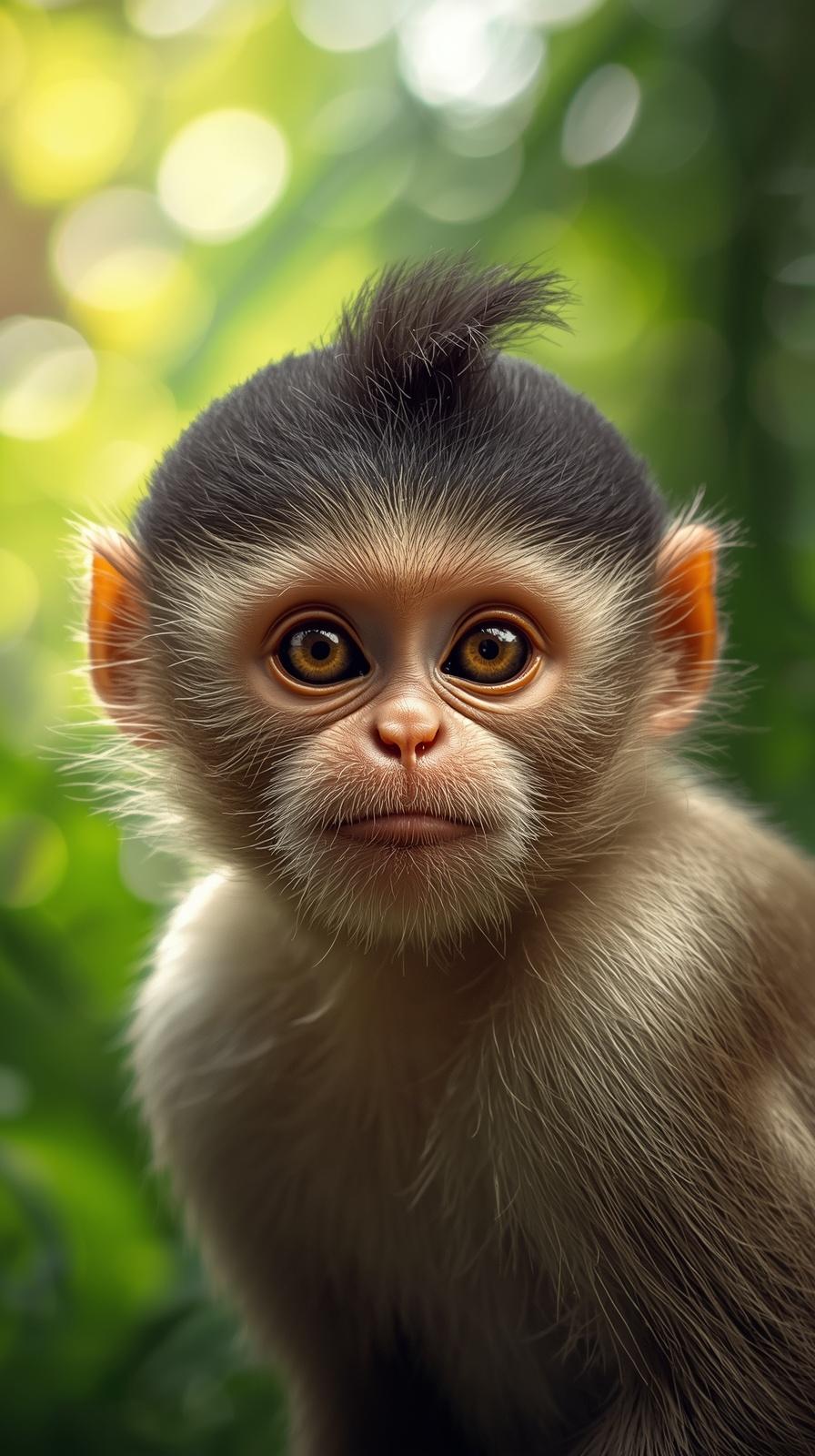 Close-up of a baby monkey with curious eyes in a green forest.