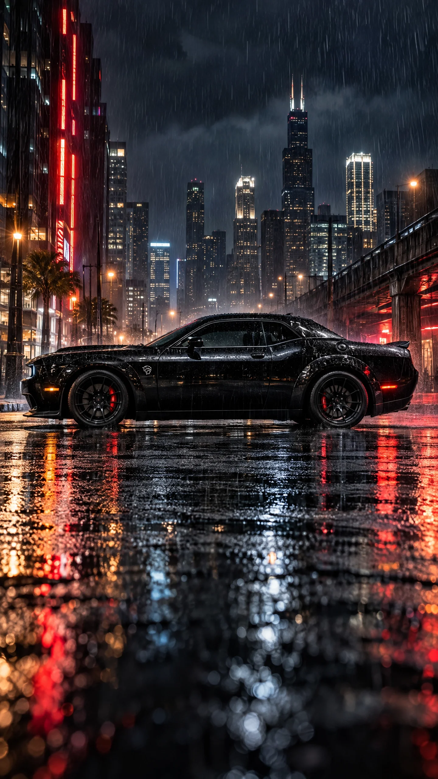 Black Dodge Charger Profile on Rainy City Street at Night Black muscle car parked on rainy city street at night