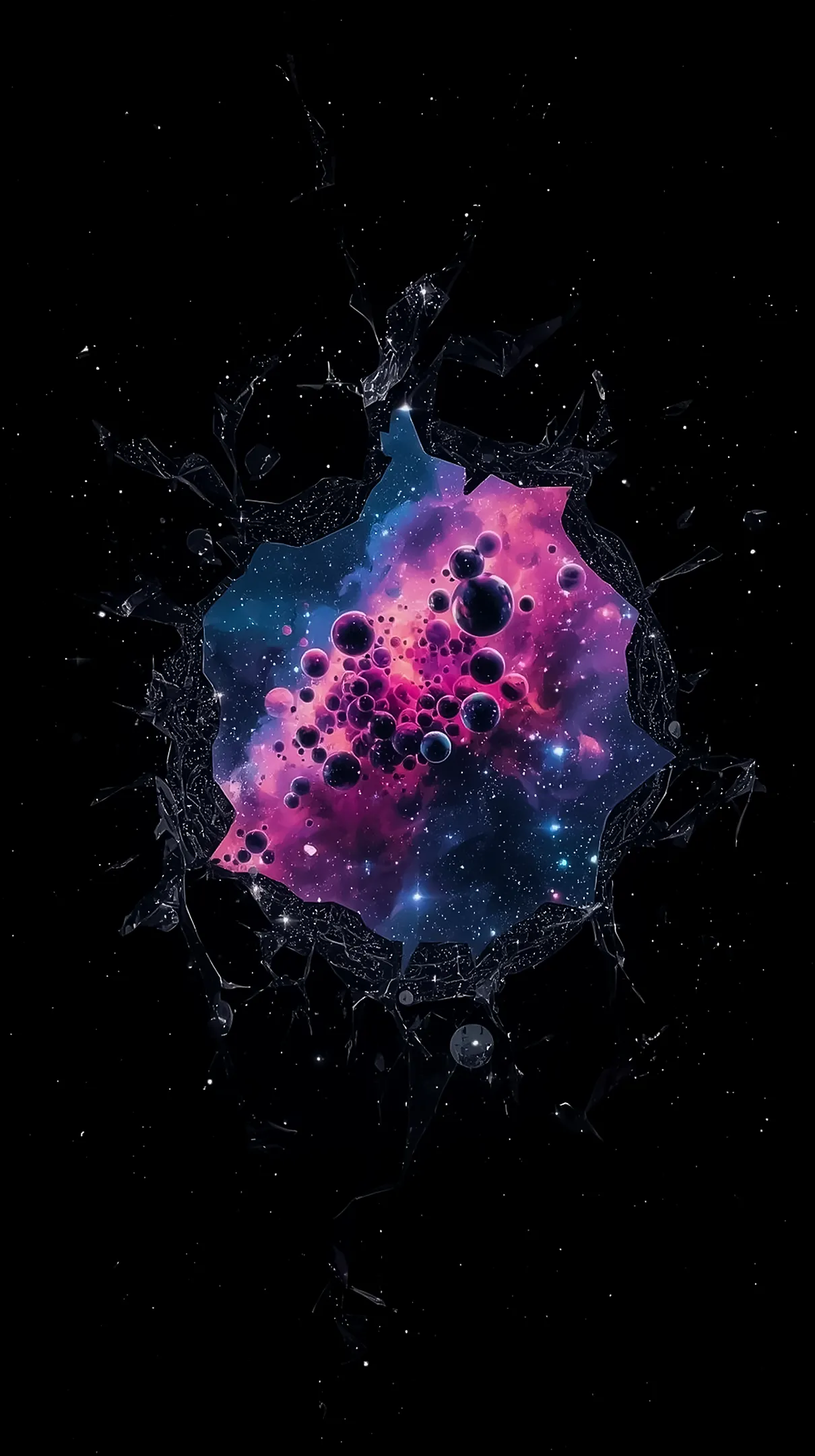 Vibrant amoled wallpaper 4k for mobile, shattered glass effect revealing a nebula with dark spheres. Ideal iphone