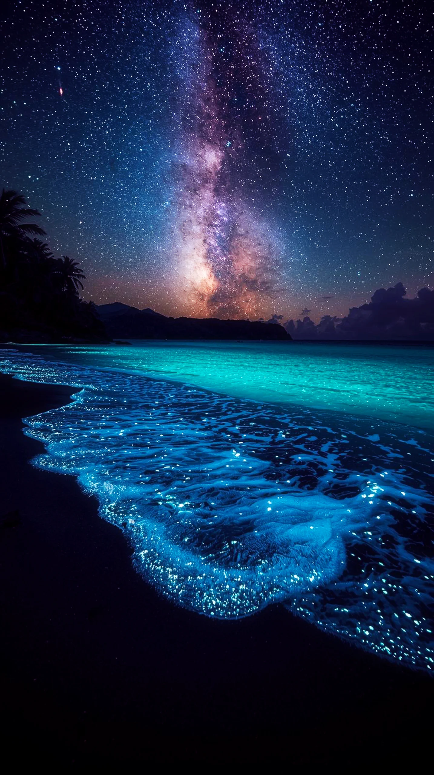 4K iPhone wallpaper of a bioluminescent beach at night with the Milky Way galaxy overhead. 4K wallpaper for mobile,