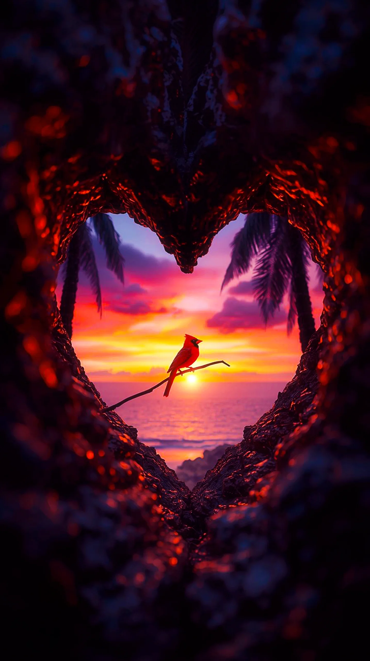 A bird on a branch viewed through a heart-shaped rock at sunset, cute 4K wallpaper for iPhone and mobile.