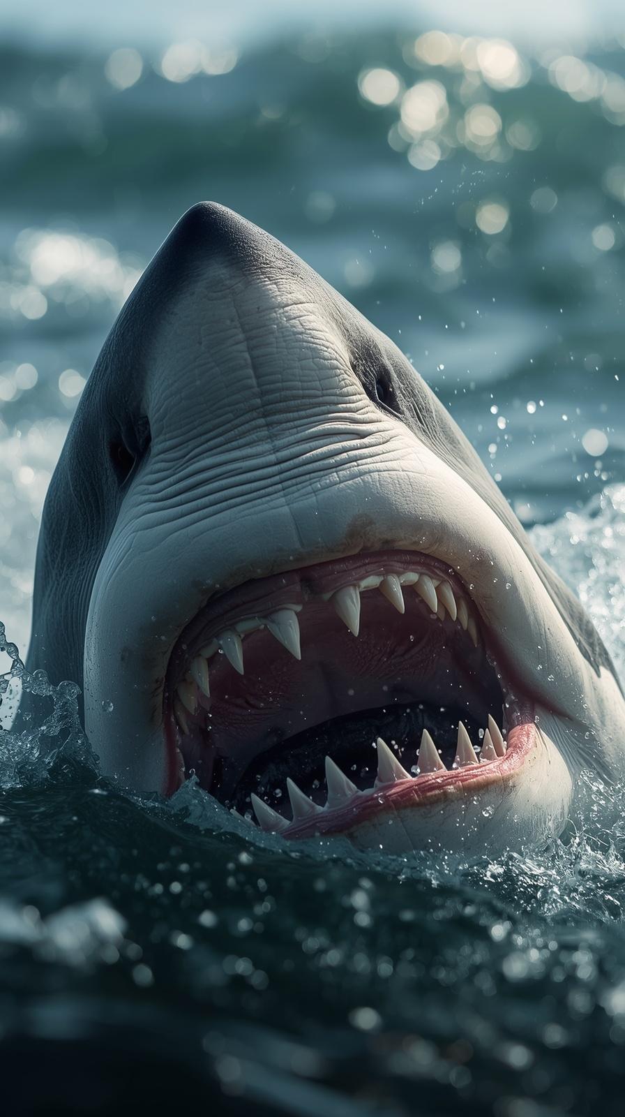 A terrifying great white shark breaching the ocean surface with its mouth wide open.