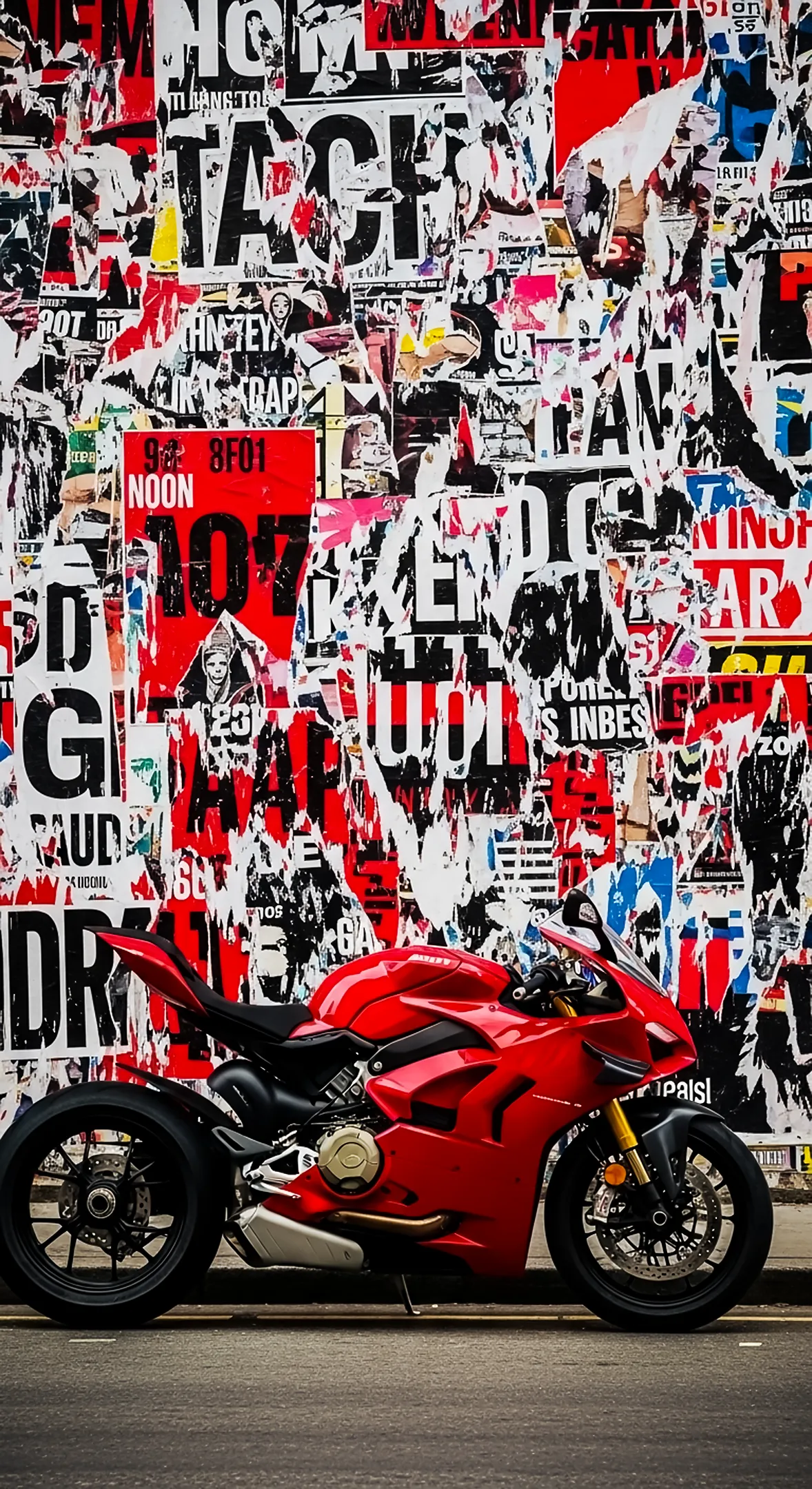 Red sports bike in front of a colorful, torn poster wall. Great 4k wallpaper for iPhone, phone wallpaper, and 4k
