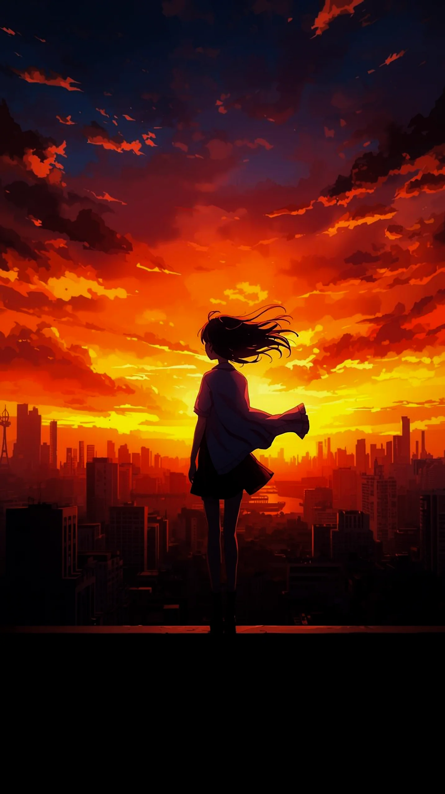 Anime girl silhouette against a vibrant sunset cityscape. iPhone wallpaper, Android wallpaper, mobile wallpaper, phone