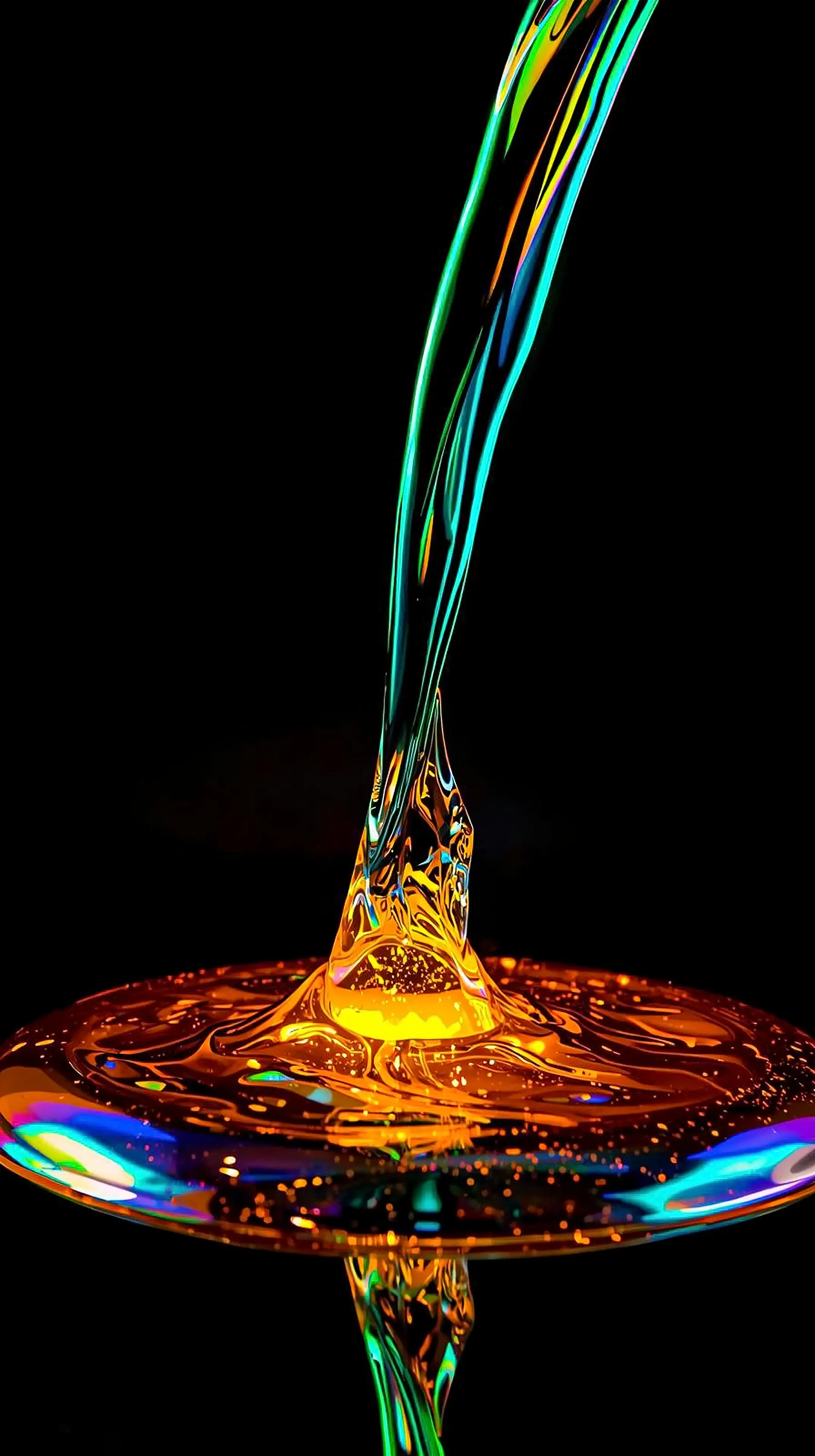 4k wallpaper for mobile Liquid Gold Iridescent Pour, Luxurious Rainbow Metallic Fluid Flow on Black Background with Glos