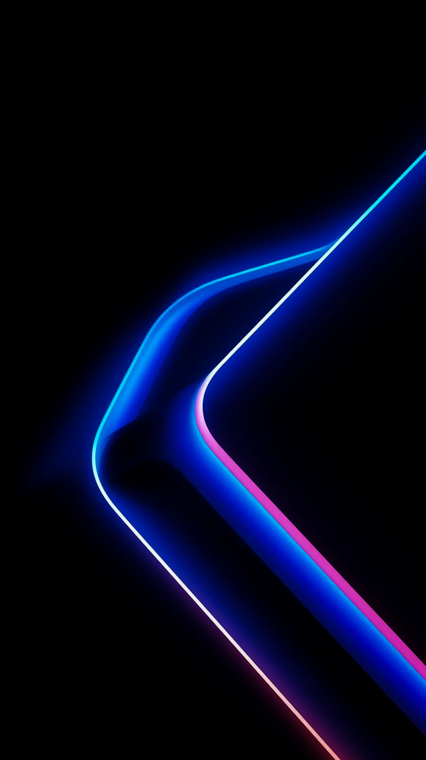 A dark AMOLED wallpaper featuring glowing blue and pink neon lines curving gracefully against a pitch-black background.