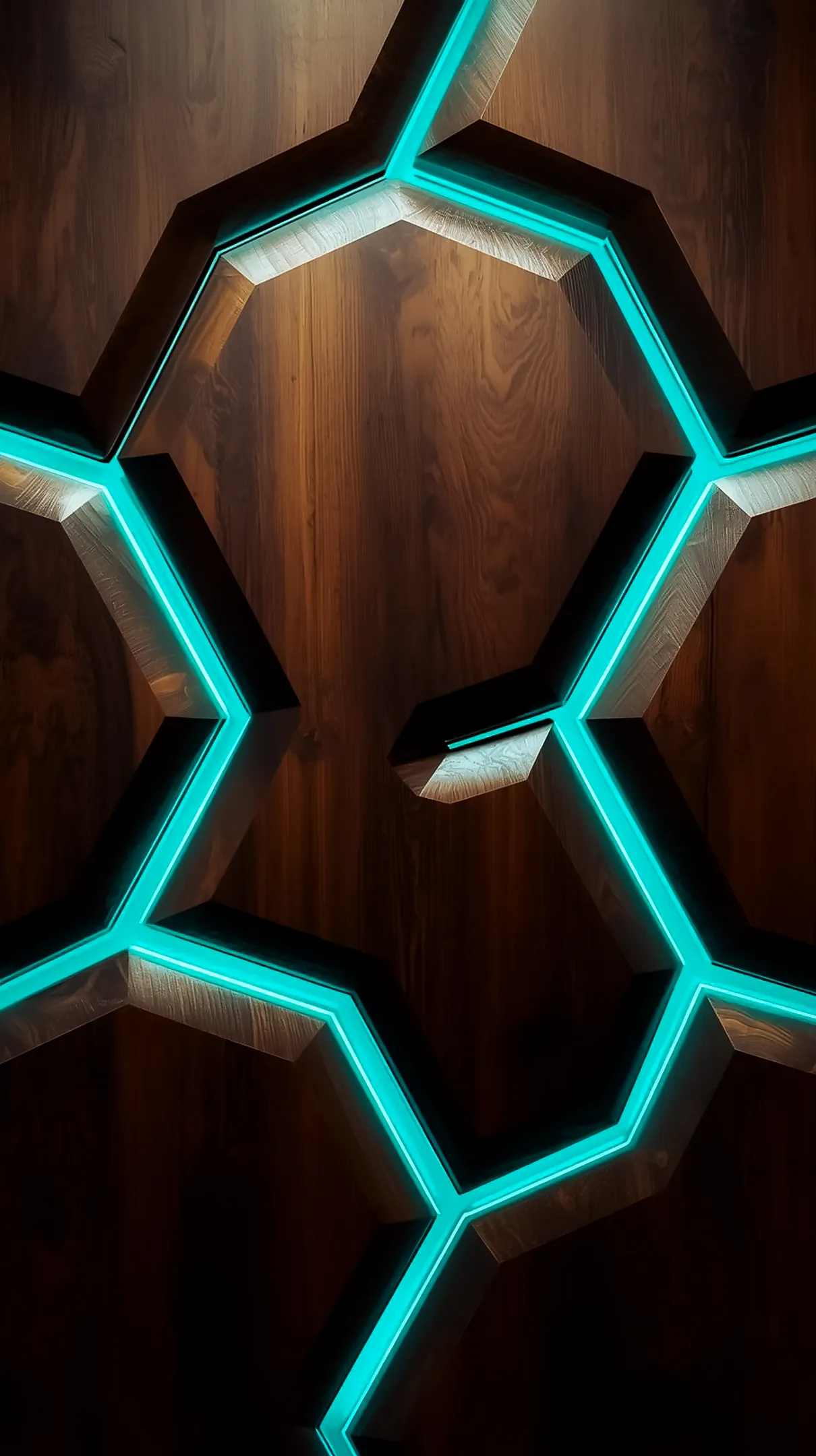 Abstract dark wood background with glowing turquoise neon hexagon pattern, ideal amoled wallpaper 4k for mobile, iphone