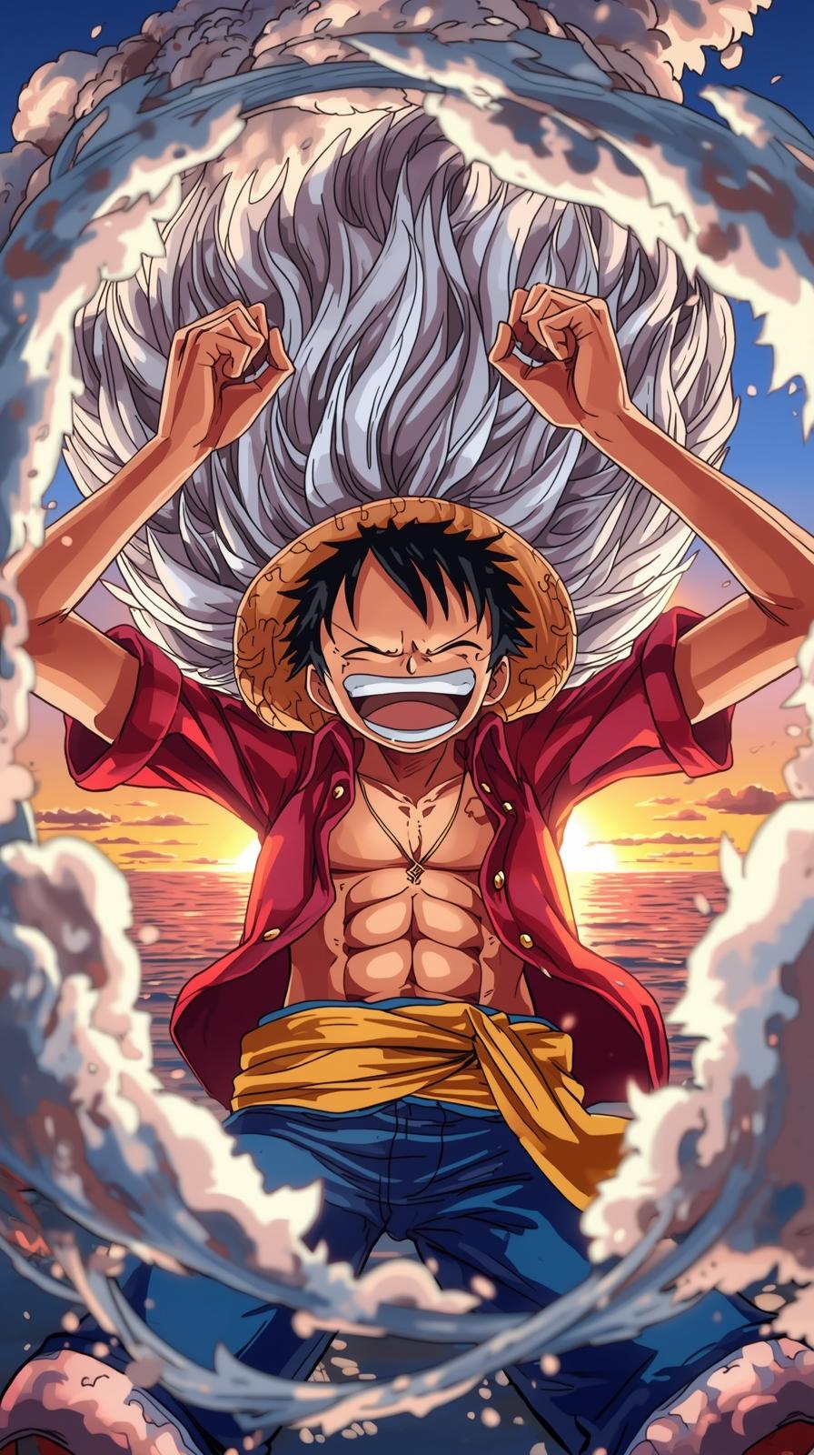 mbl wallpapers – Joyful anime captain with massive white flowing hair celebrating on a pirate ship against a vibrant sun