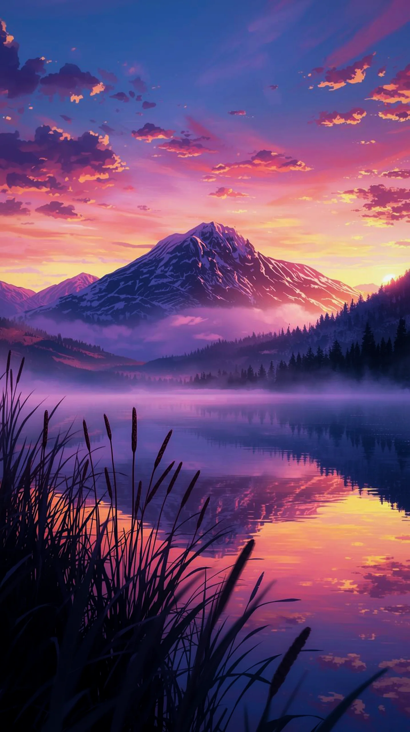 dreamy mountain lake sunset wallpaper for phone 4K HD