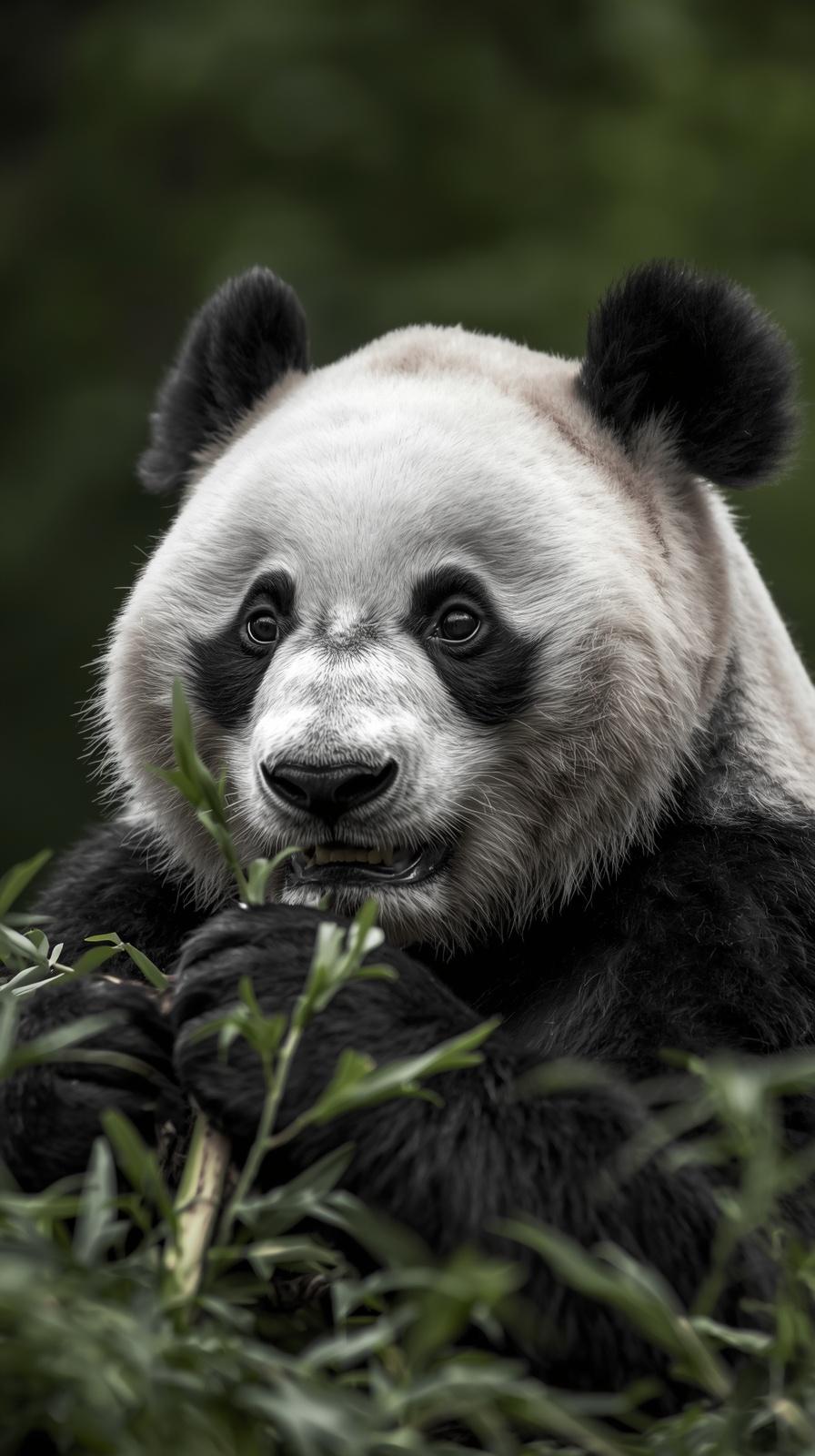 Close-up of a gentle panda eating bamboo in a lush forest.