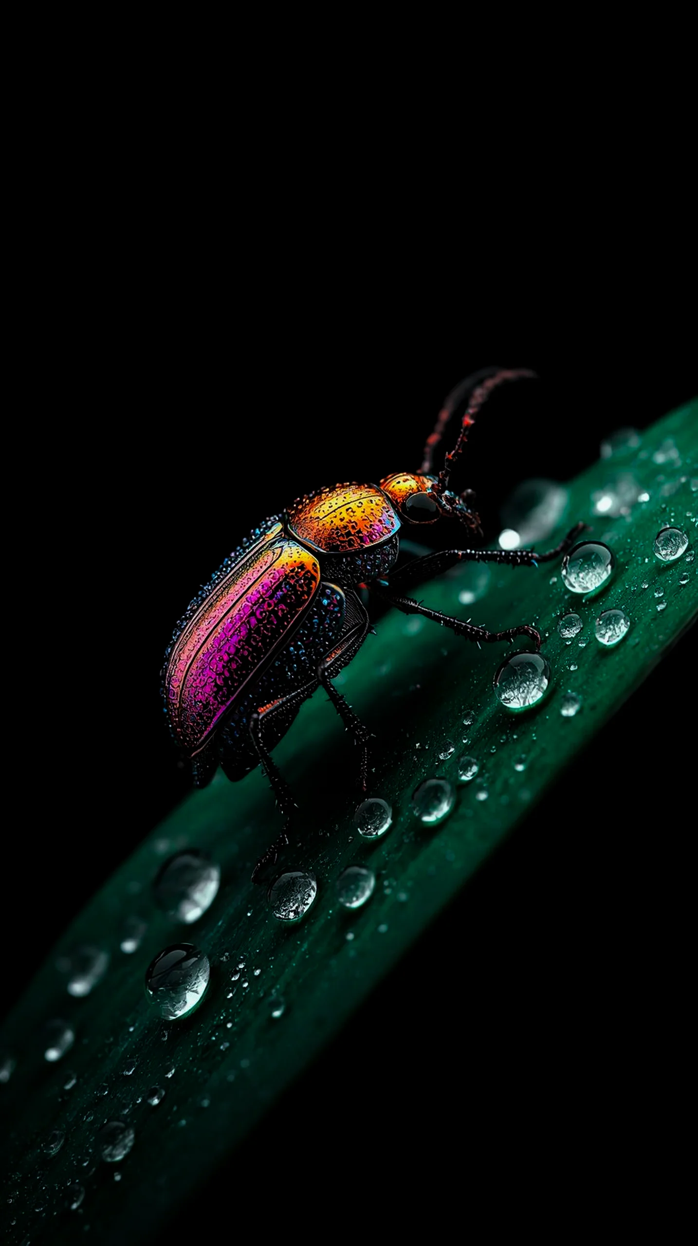 Iridescent beetle on a dew-covered leaf, AMOLED wallpaper 4K for mobile, iPhone wallpaper 4K, 4K wallpaper for mobile,