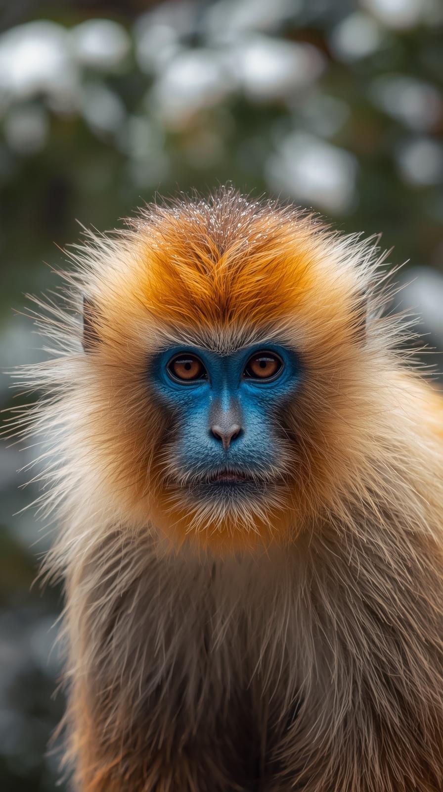 Close-up of a golden snub-nosed monkey with a blue face in winter.