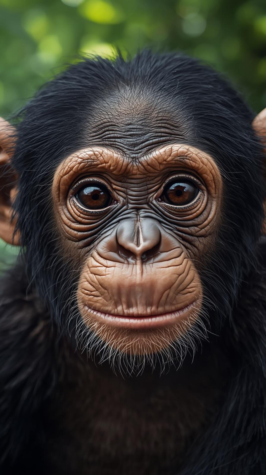 Close-up portrait of a cute baby chimpanzee with a gentle expression.