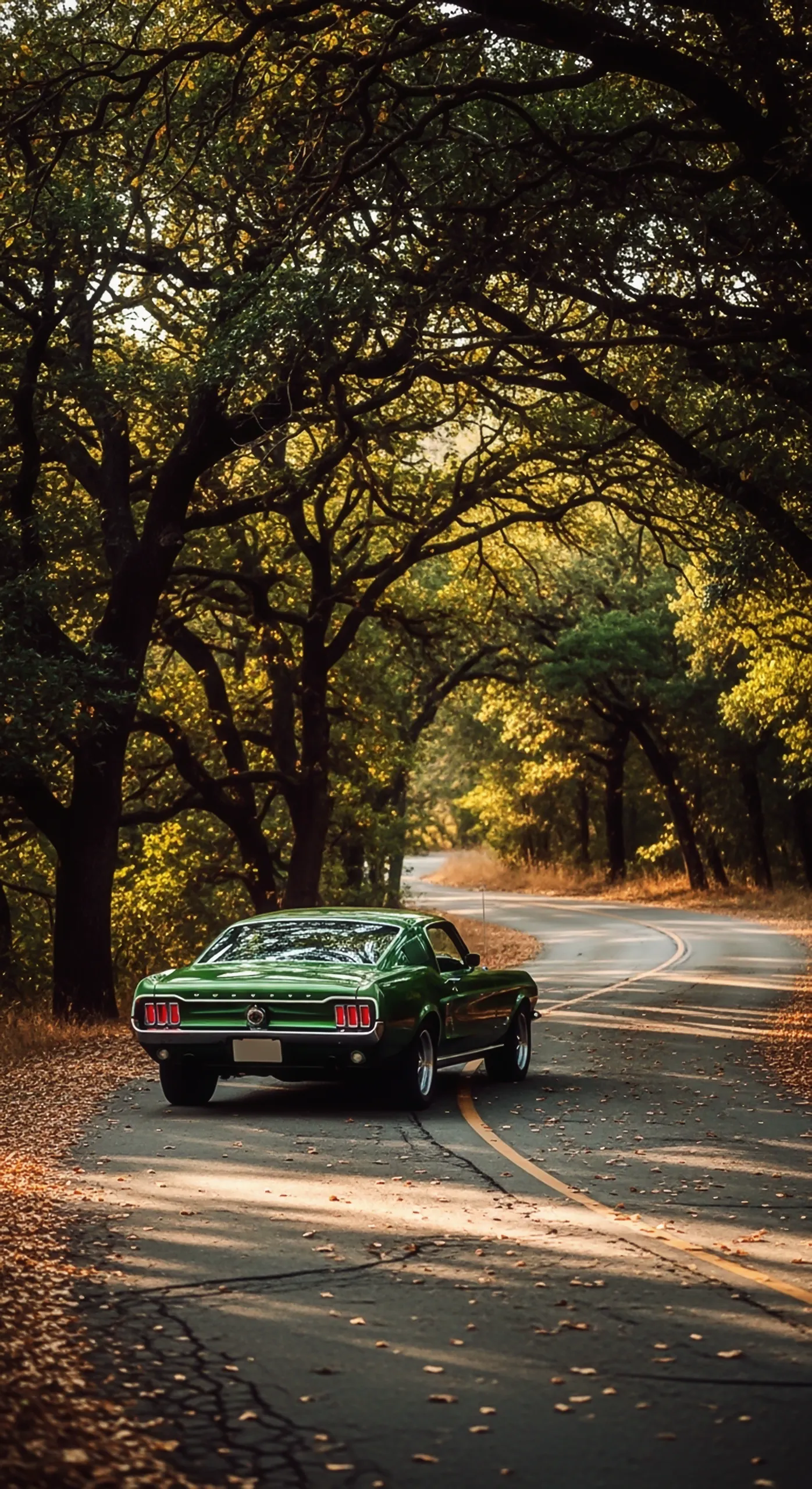 Green Mustang car driving on a scenic road, perfect for car iPhone wallpaper and car wallpaper 4k for mobile.