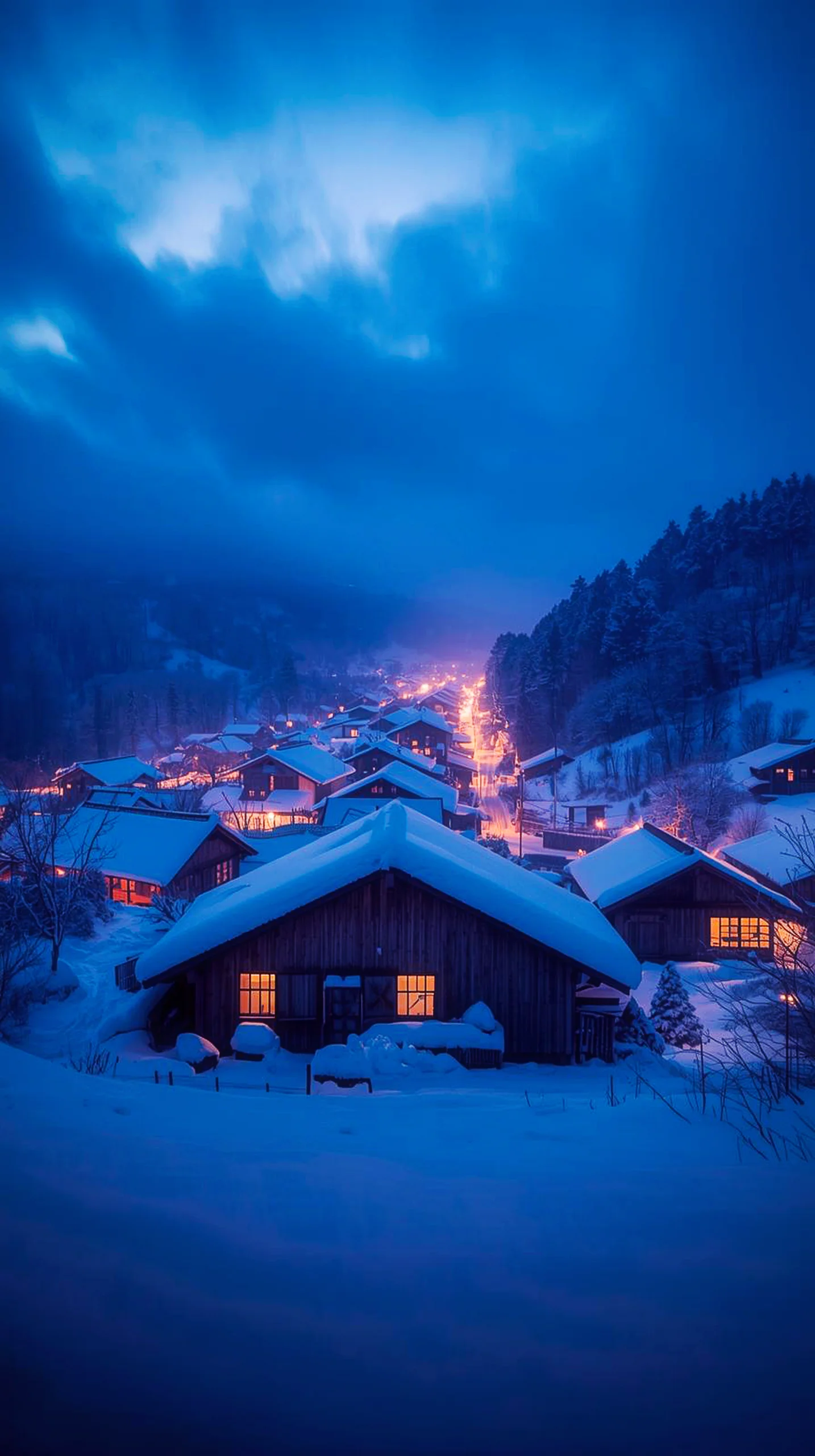 Snowy Village Night 4K Mobile Wallpaper: Cozy Winter Vibes