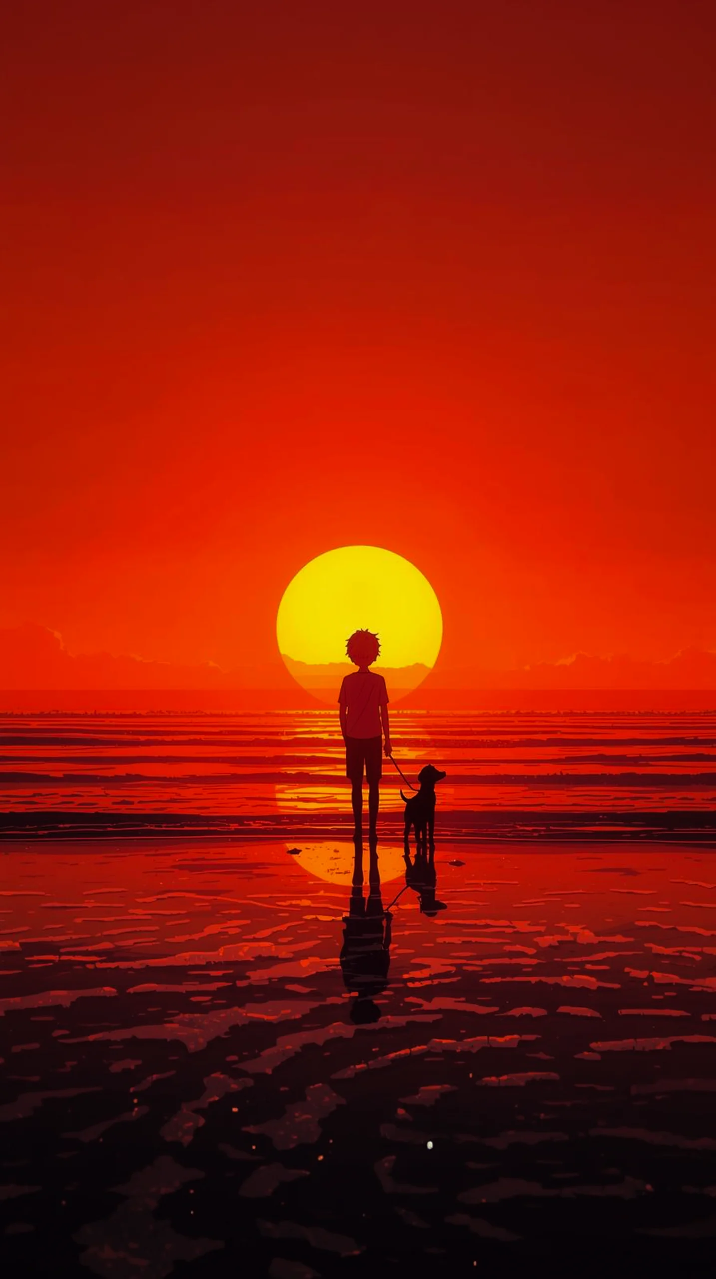 dramatic silhouetted boy and dog sunset wallpaper for phone 4k