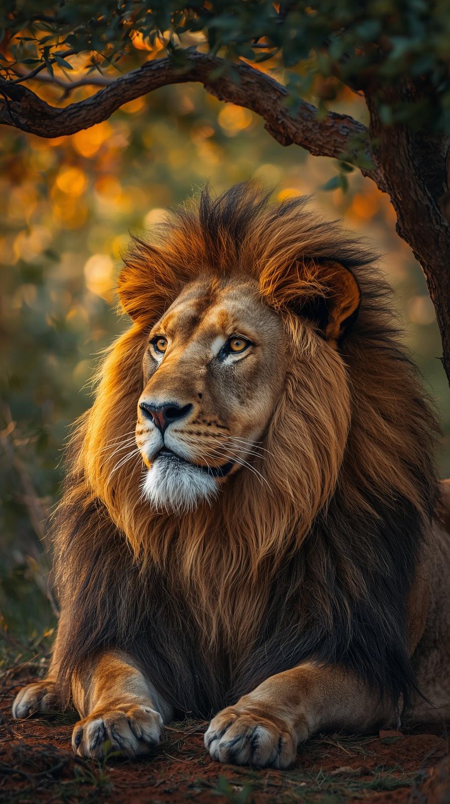 A majestic lion resting under a tree in soft golden sunlight