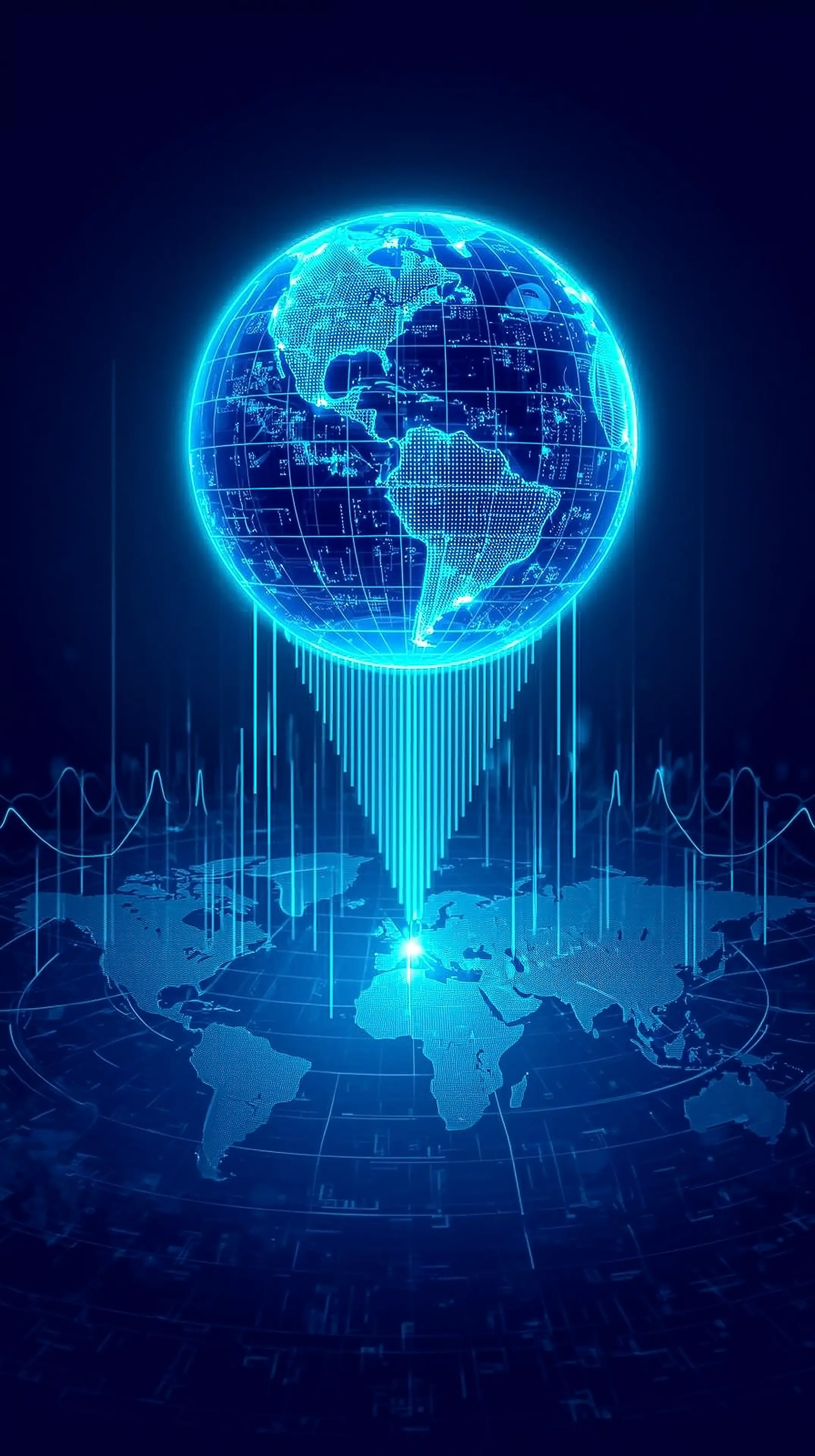 4k wallpaper for mobile Futuristic Glowing Earth Globe in Digital Network, Blue Neon Grid World Map with Flowing Tech Li
