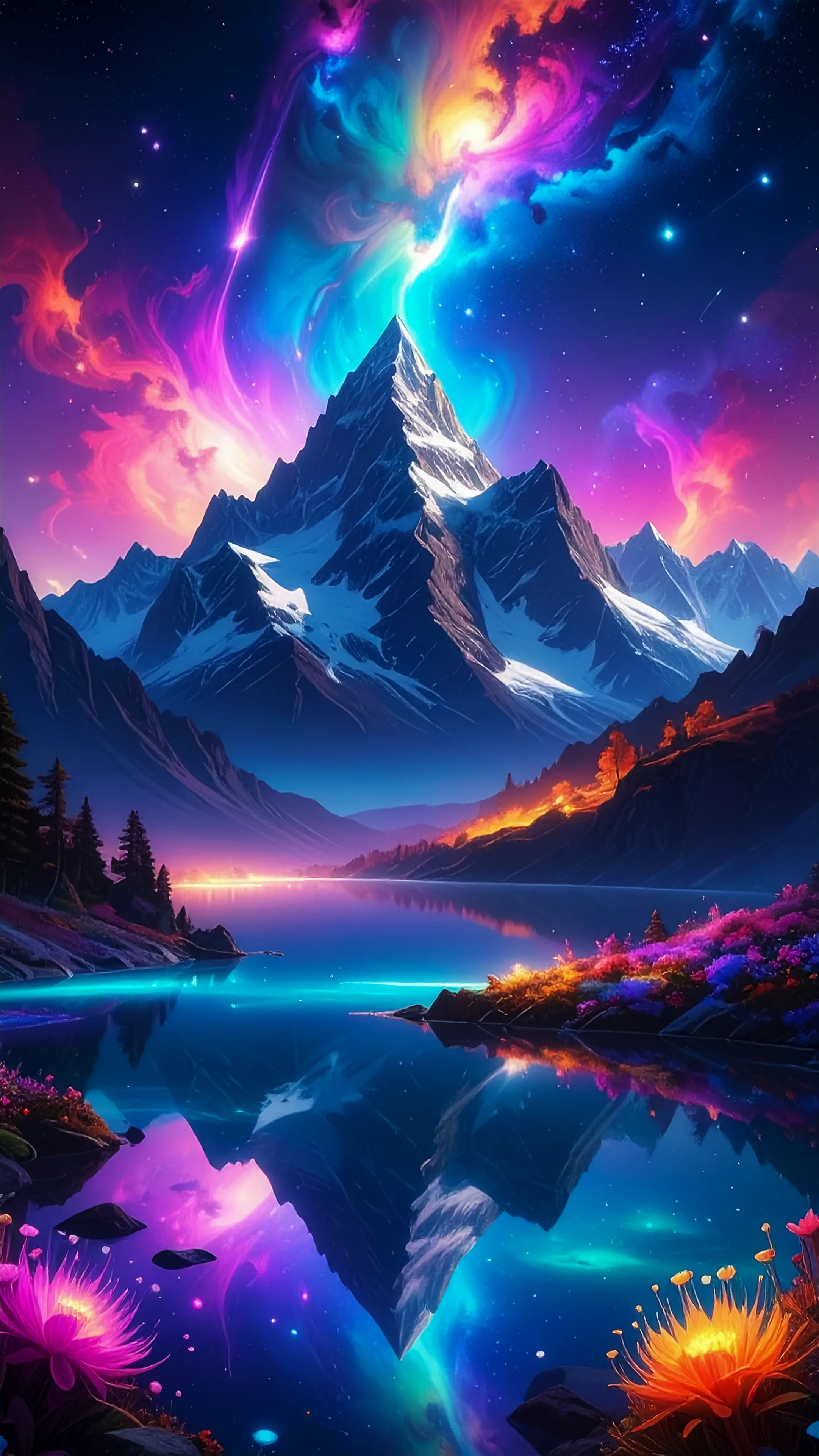 4k wallpaper for mobile Cosmic Aurora Mountain Lake Reflection, Vibrant Neon Purple Pink Blue Galaxy Sky & Glowing Fantasy Peak