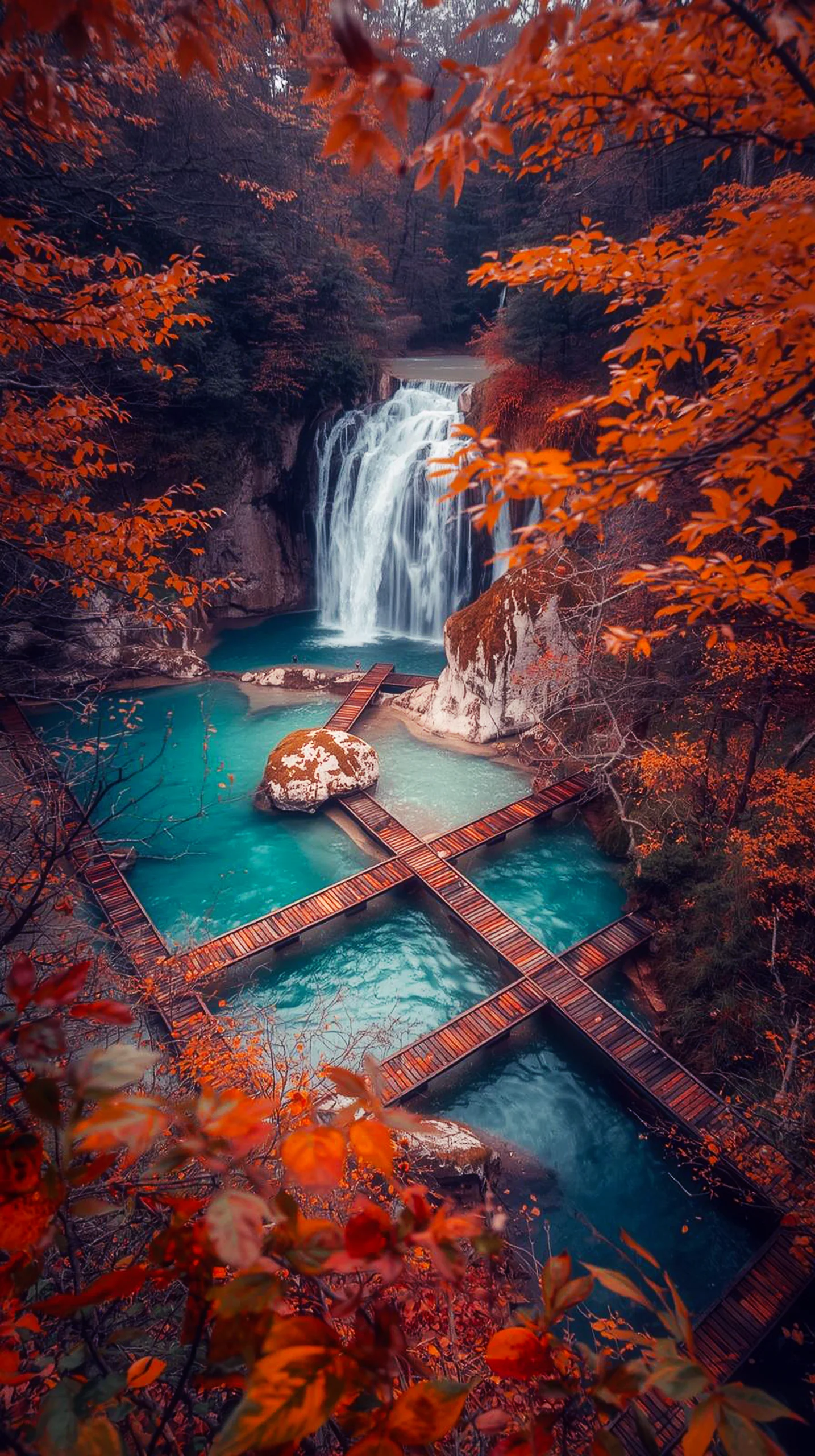 Autumn waterfall with turquoise pools and wooden walkways, a perfect iphone wallpaper 4k and 4k wallpaper for mobile.
