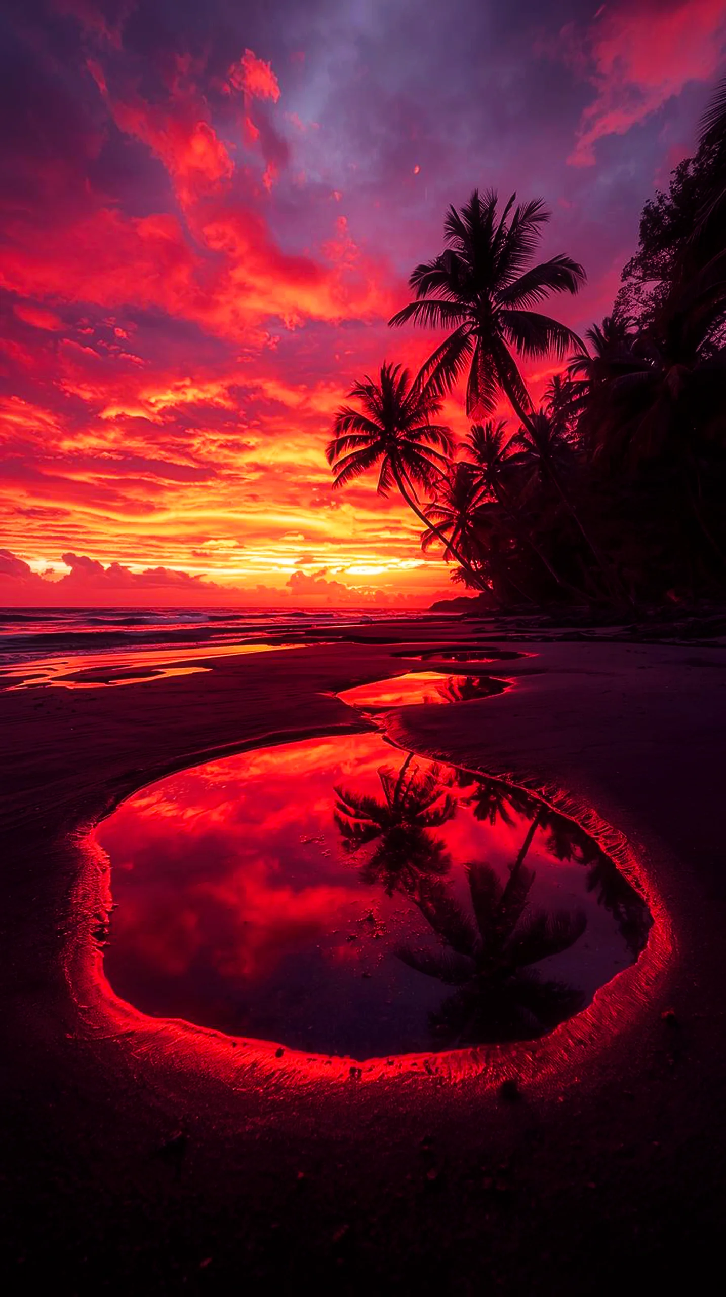 Vibrant 4K iPhone wallpaper of a tropical beach at sunset, with palm trees silhouetted against a fiery red and orange