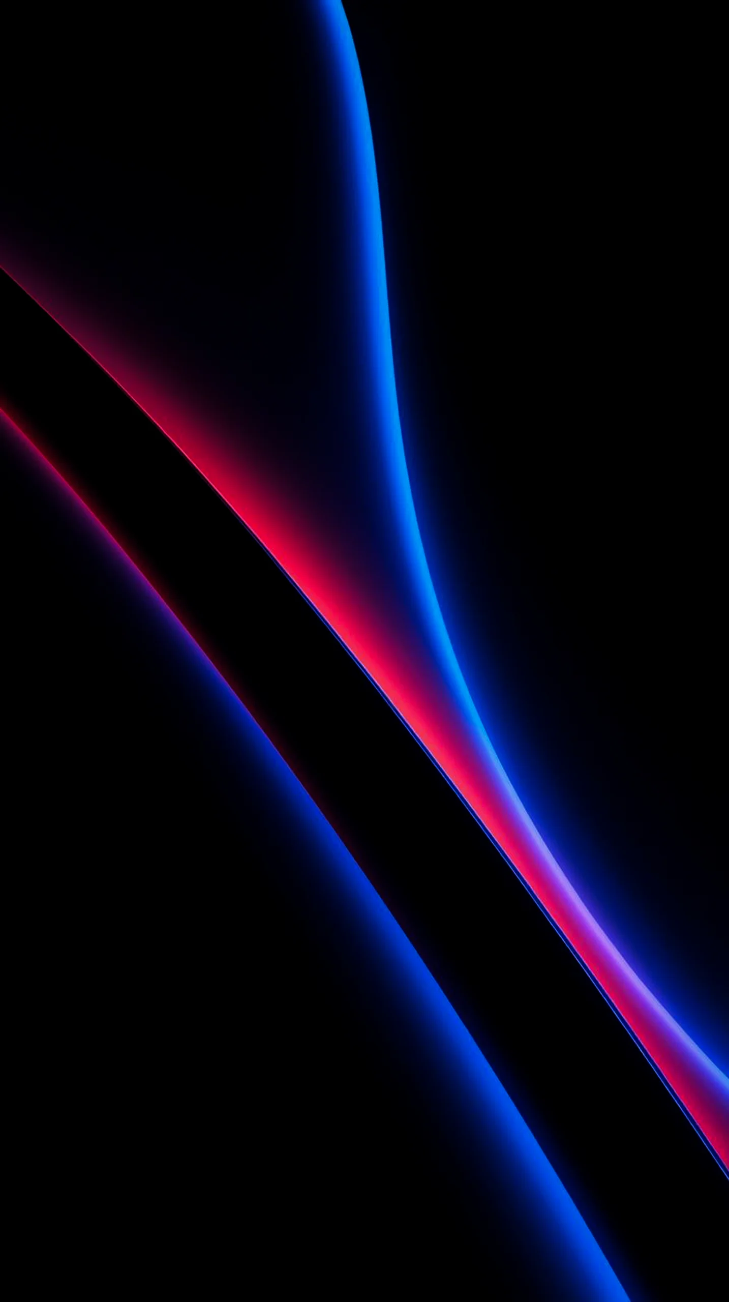 A dark AMOLED wallpaper featuring abstract glowing blue and red curved lines against a deep black background.