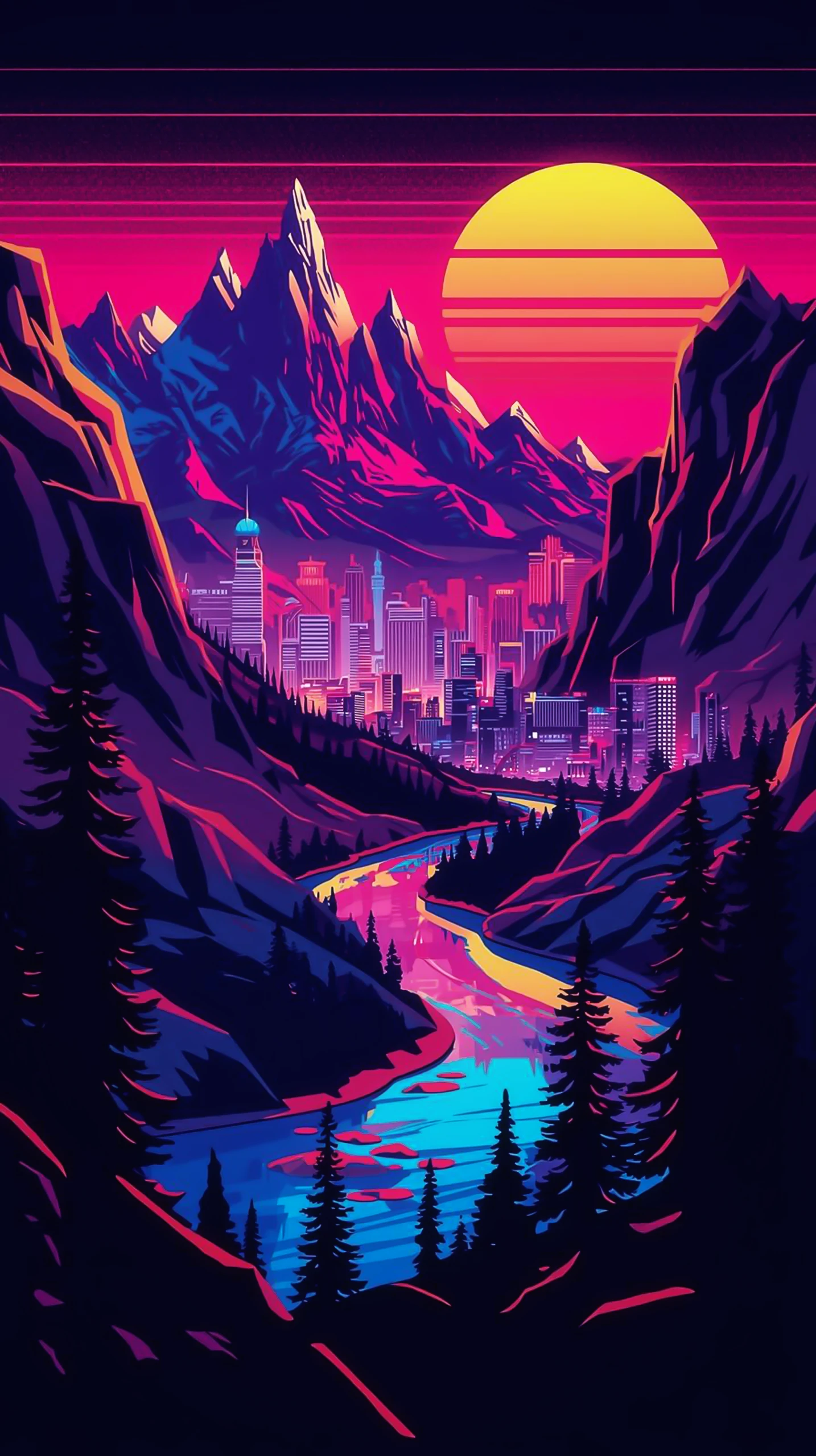 Cyberpunk Wallpaper 4K — Retro Synthwave City Mountain View