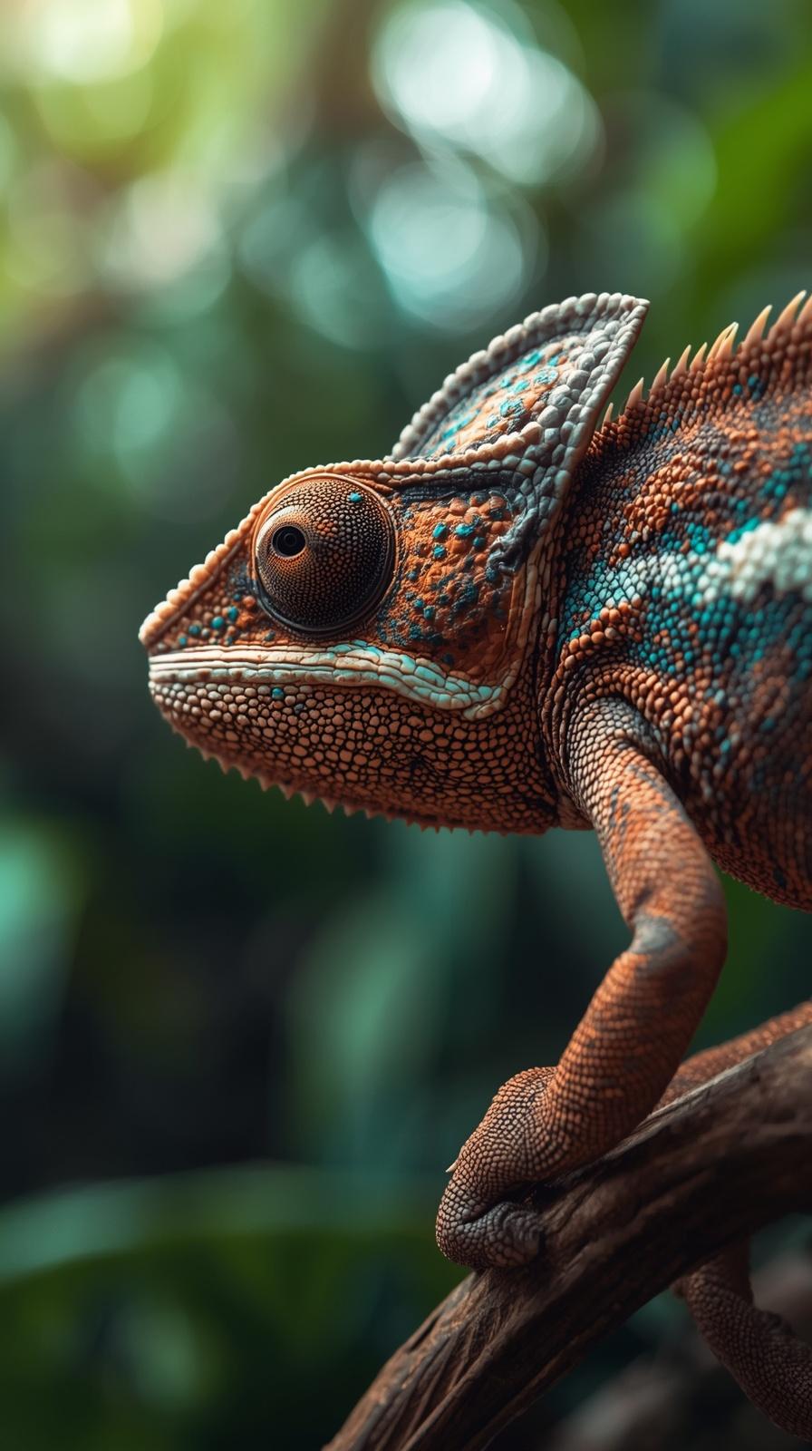 Close-up of a colorful chameleon on a branch with a blurred green background.