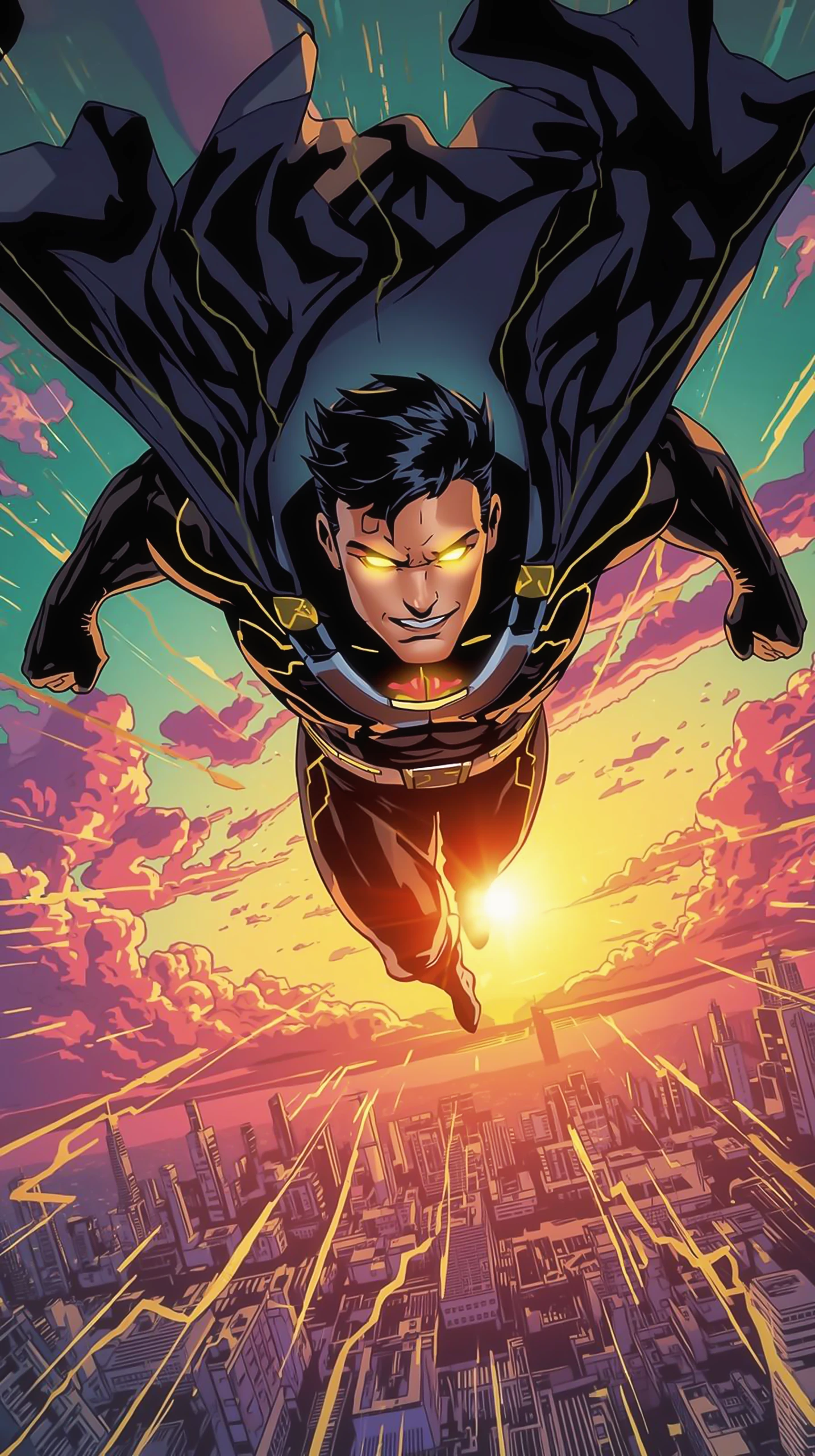 Superhero Wallpaper 4K — Flying Hero City Sunset 4KWallpapar